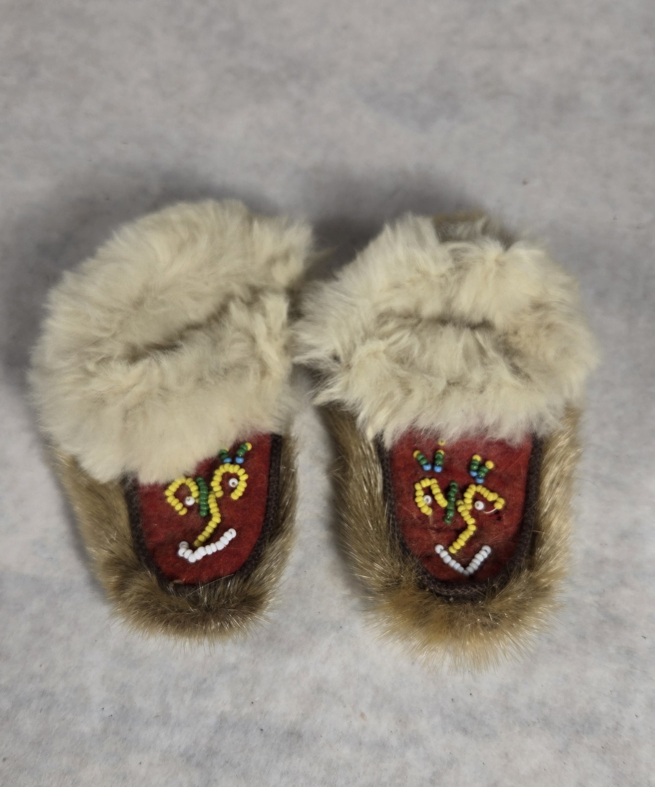 Early 1900's Moccasins Hand Made Native American Baby Toddler Leather Fur Beads