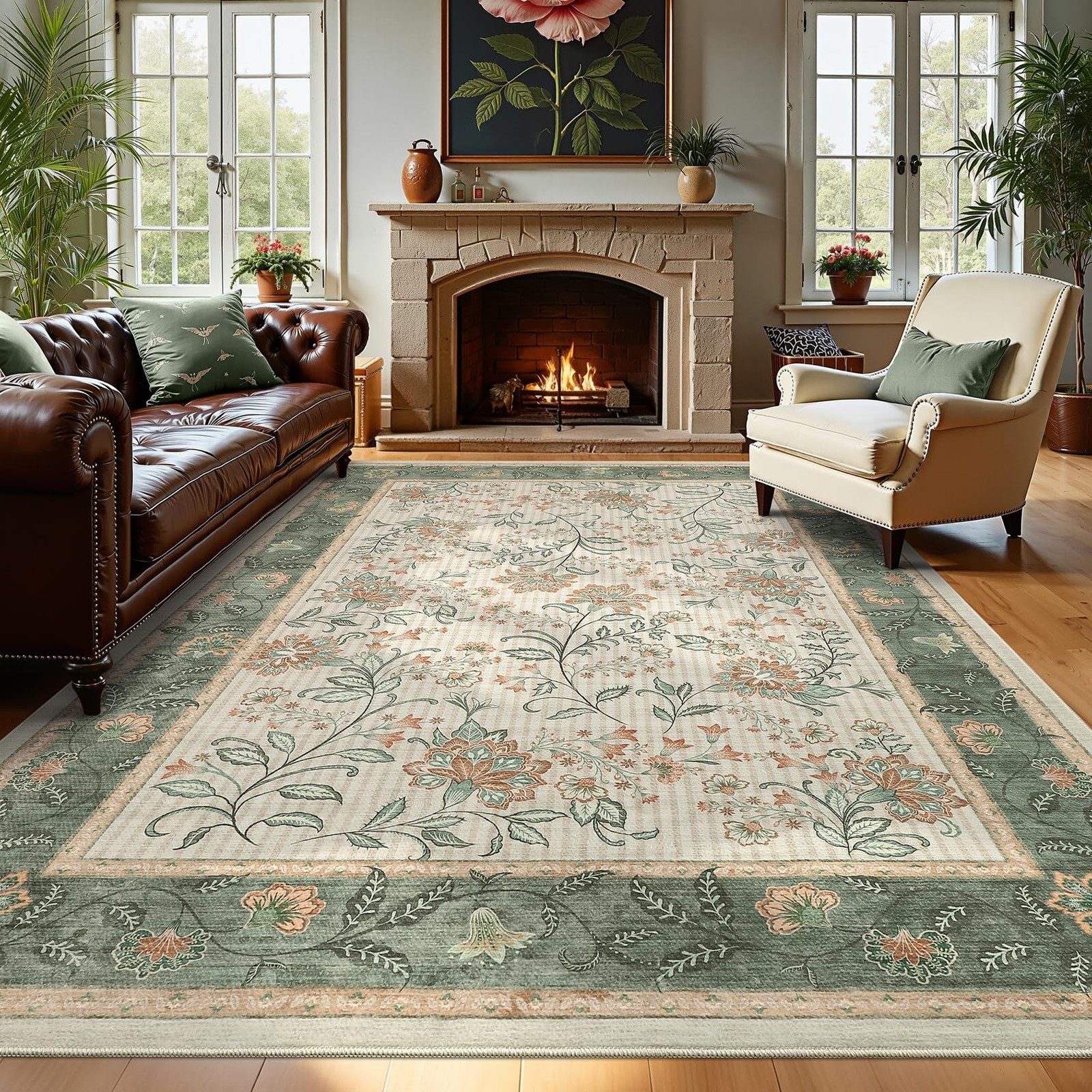 Area Rugs 8x10 for Living Room, Sage Green Large Washable Rug Botanical Soft ...