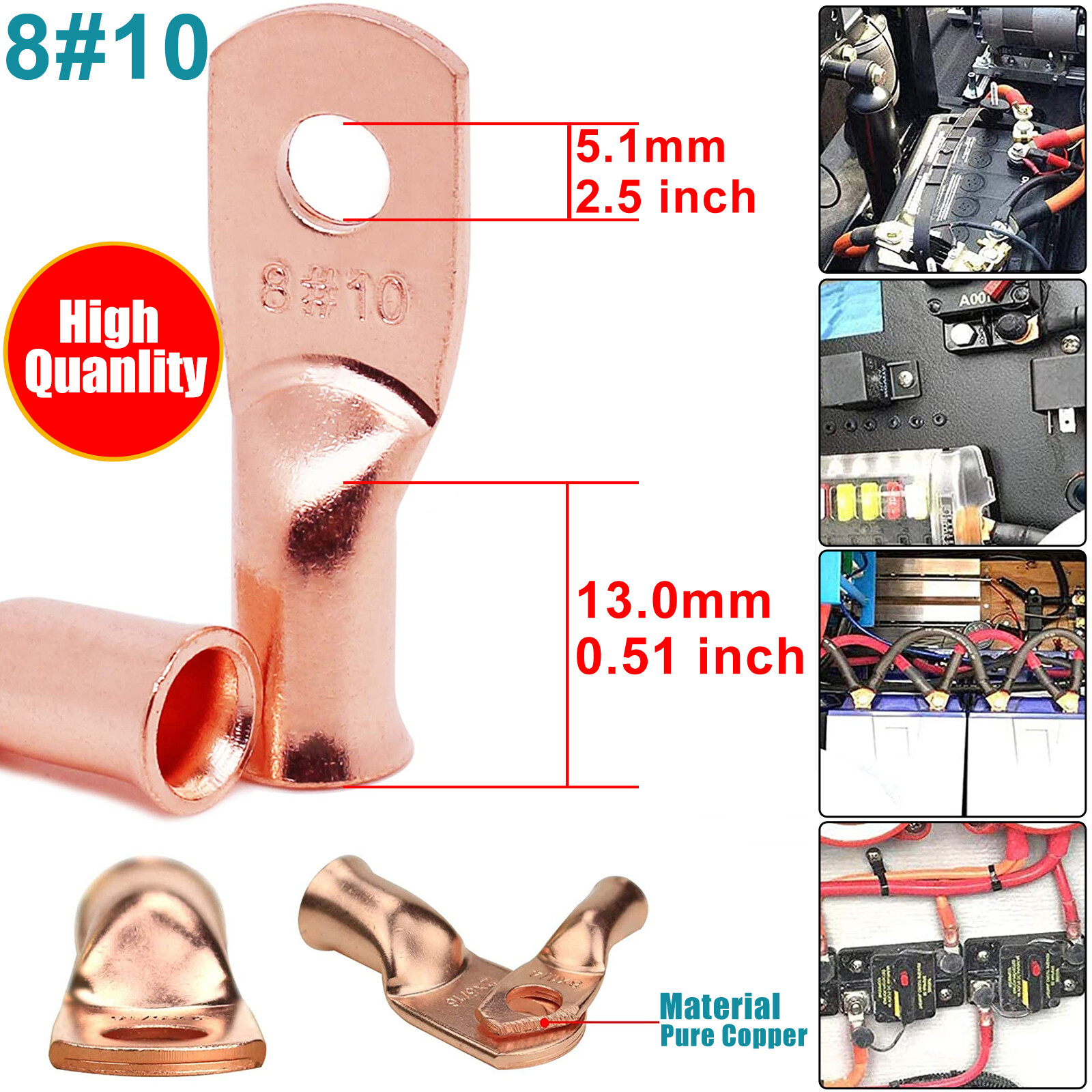 Bare Copper Cable Wire Lugs Ring Terminals 8-4/0 AWG Battery Wire Welding Cable