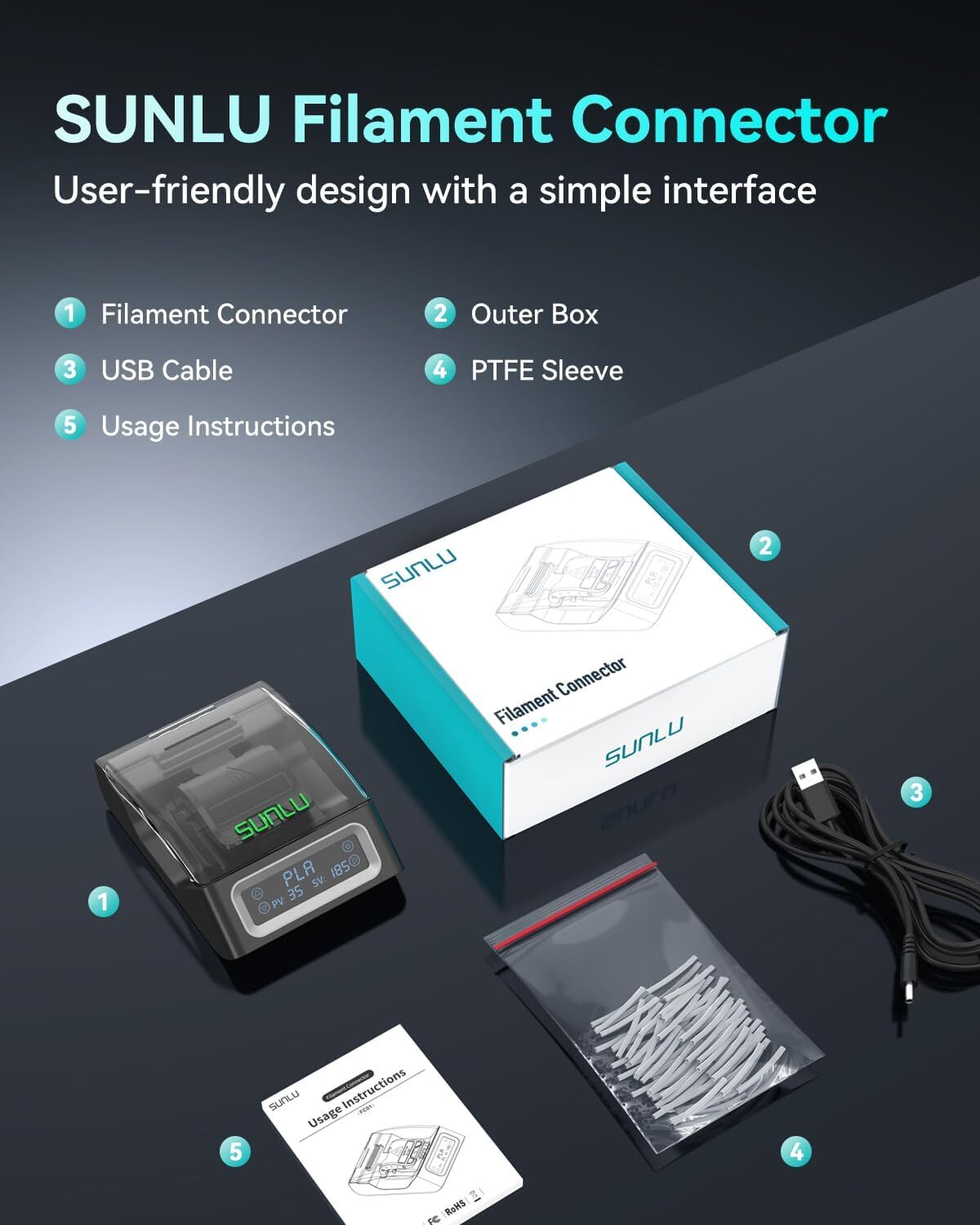 SUNLU FC01 Filament Connector 1.75mm Fast Heating ABS PLA TPU Nylon 240°C Safe