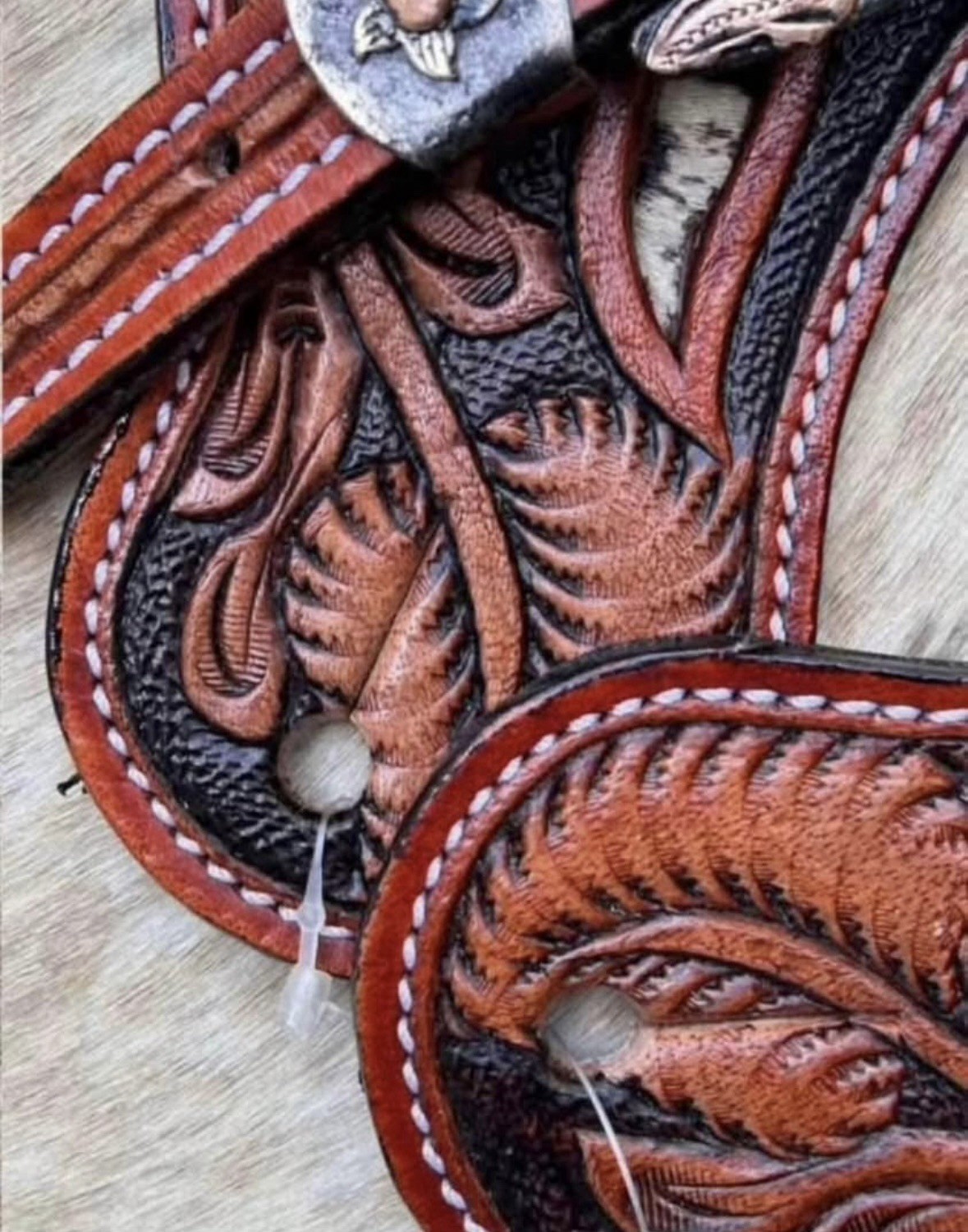 Adult Size Tooled Top Grain Leather Hair On Cowhide Western PAIR Spur Straps