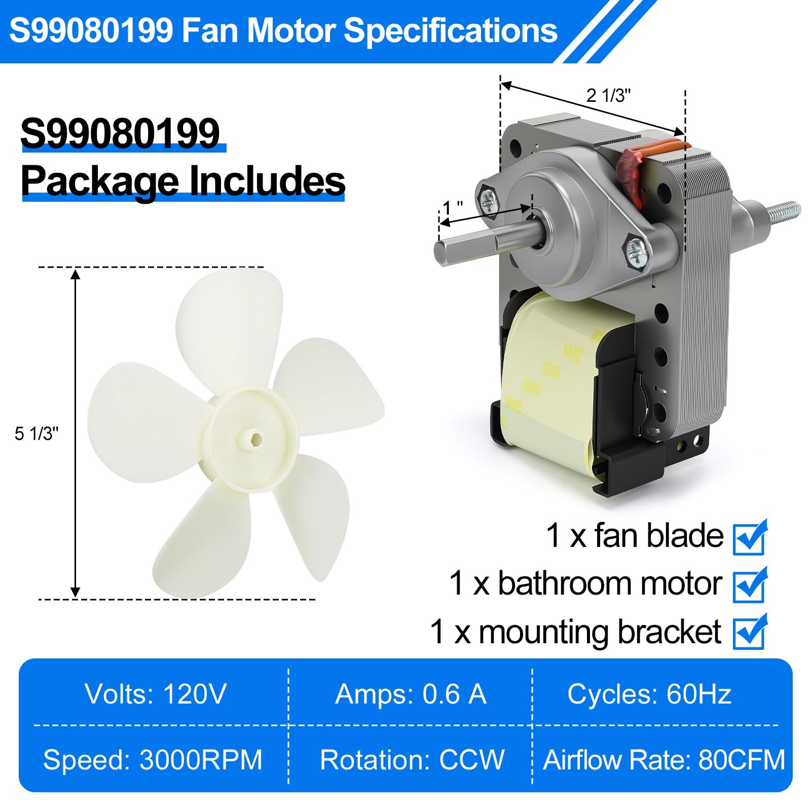 S99080199 Bathroom Exhaust Motor 80 CFM 4.0 Sones Vent Fan Motor Attic Fan Repla