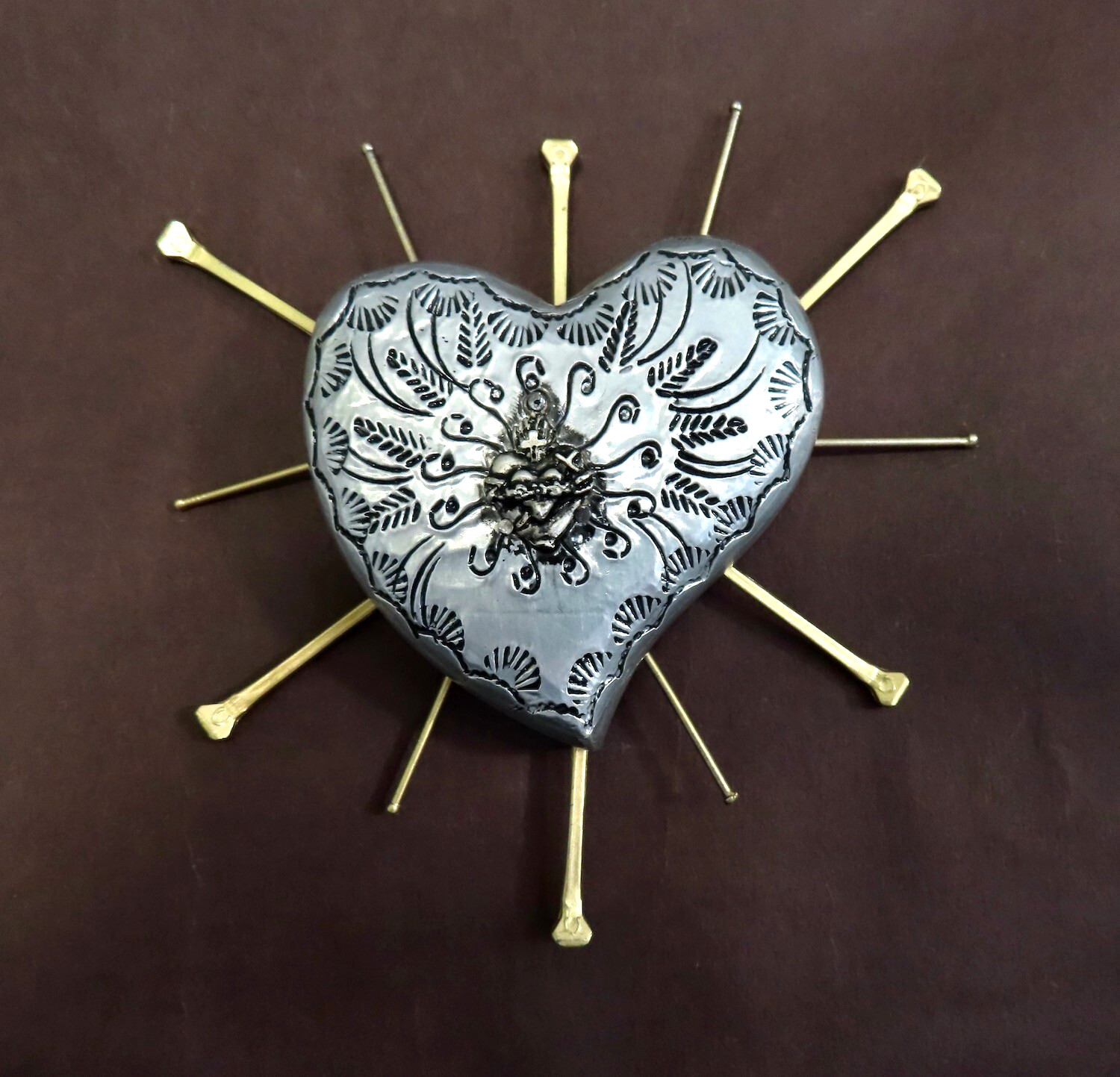 Milagros Sacred Heart Nails Wood Silver Embossed Handmade Mexican Folk Art 6H