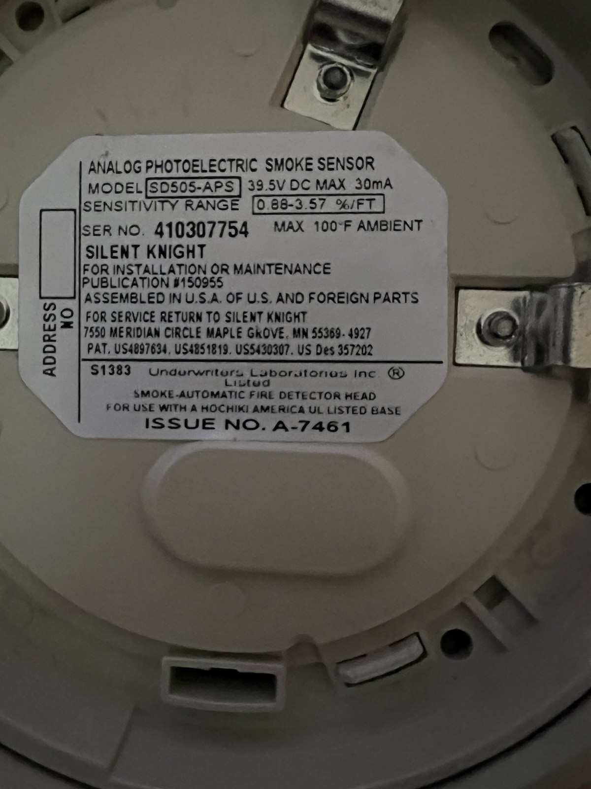 SILENT KNIGHT SD505-APS SMOKE DETECTOR. EXCELLENT USED CONDITION!