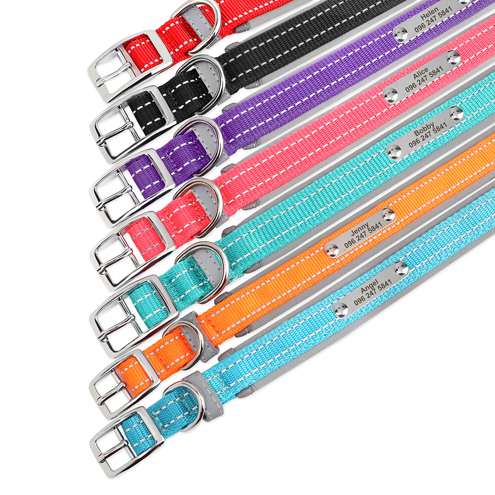 Reflective Nylon Personalized Dog Collar Custom Pet Name ID Tag Adjustable S-XL