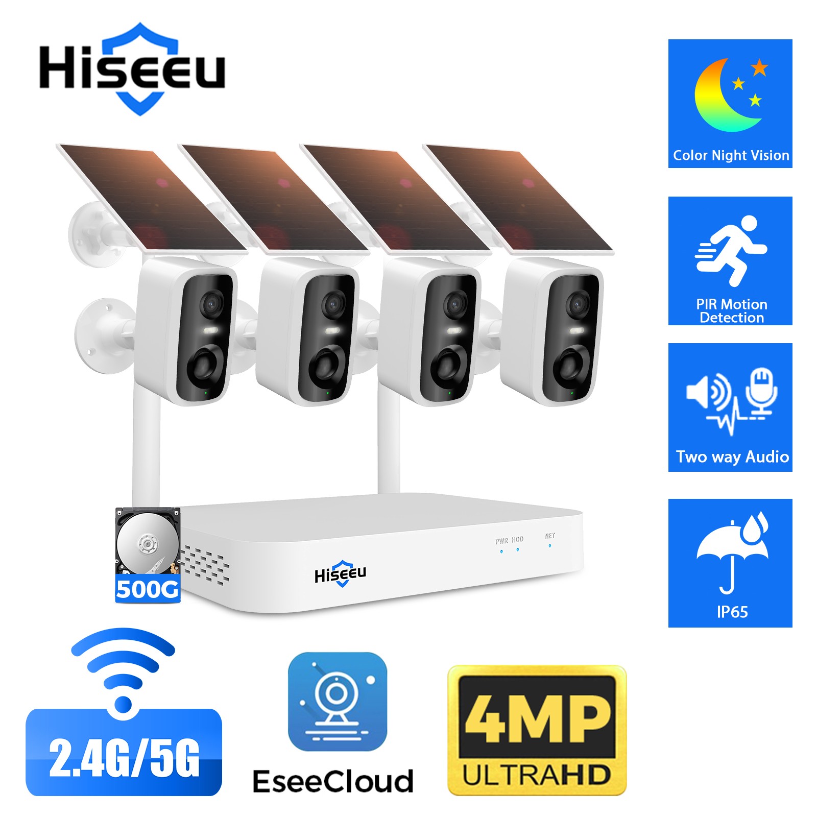 Hiseeu 10CH Solar Battery Powered 4MP Wireless Security Camera System 2Way Audio