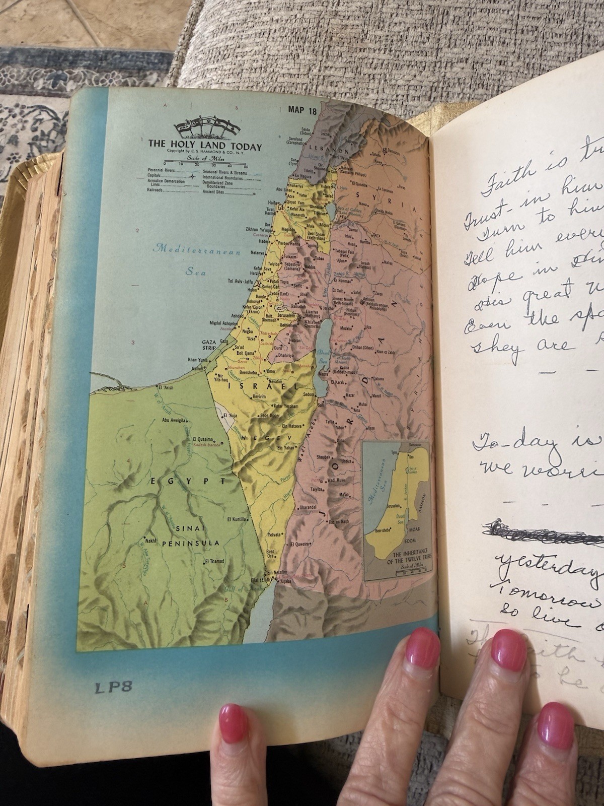 Vintage Bible Embossed Shepherd Scene Tan Gold Lettering Illustrated Maps