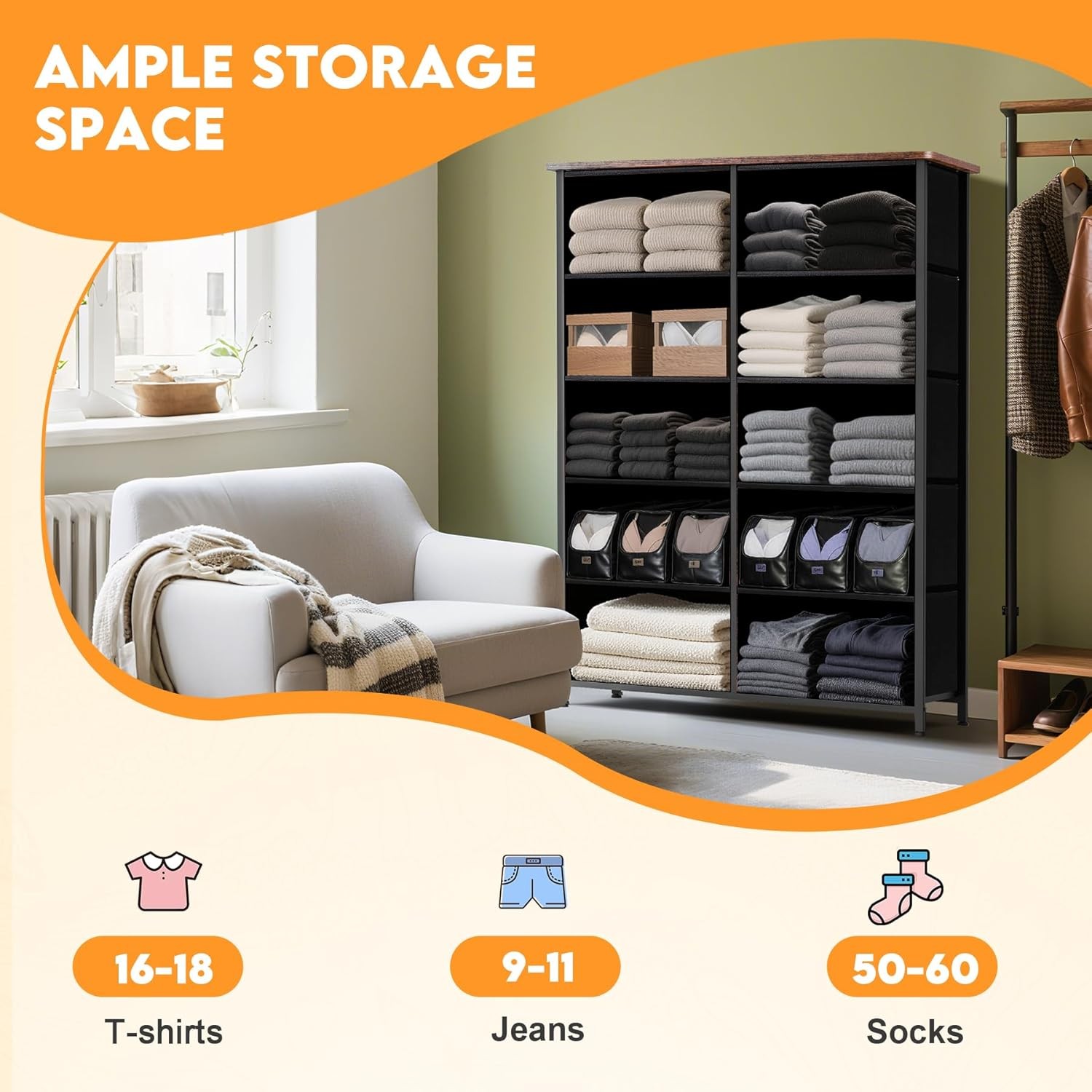 Dresser for Living Room with 10 Storage Drawers Organizer Unit Brown Curved