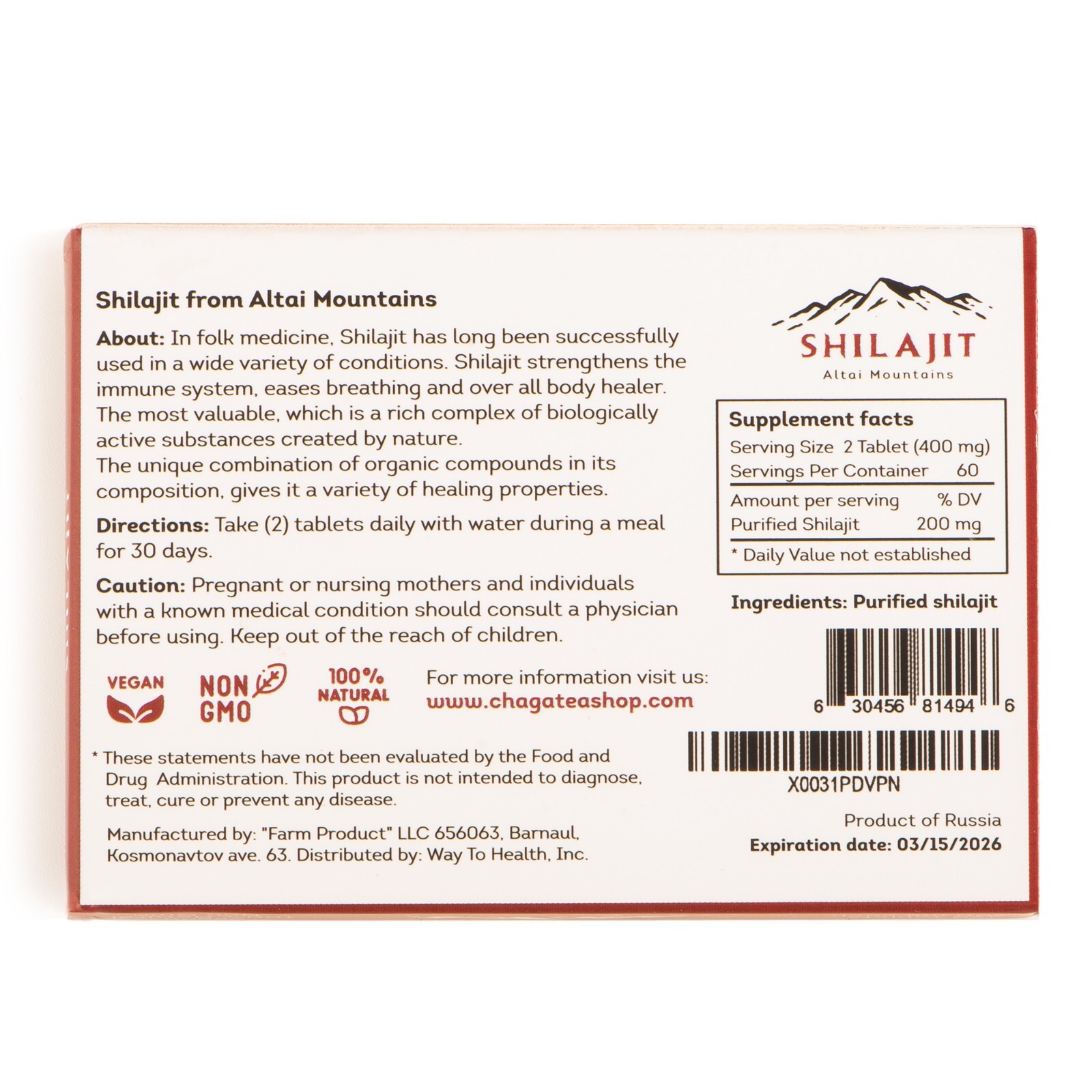 All Natural Mumijo Tablets Dietary Supplement from Altai Mountains