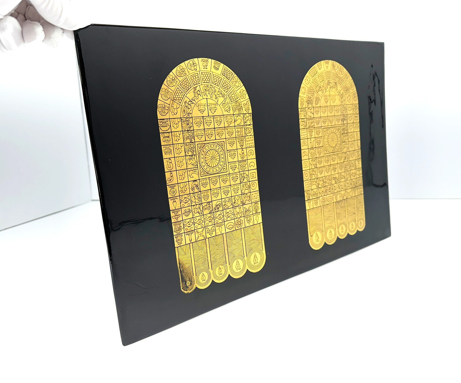 Large Burmese Gold Leaf Buddha Footprint Lacquer Panel Altar Art Zen Decor 18"