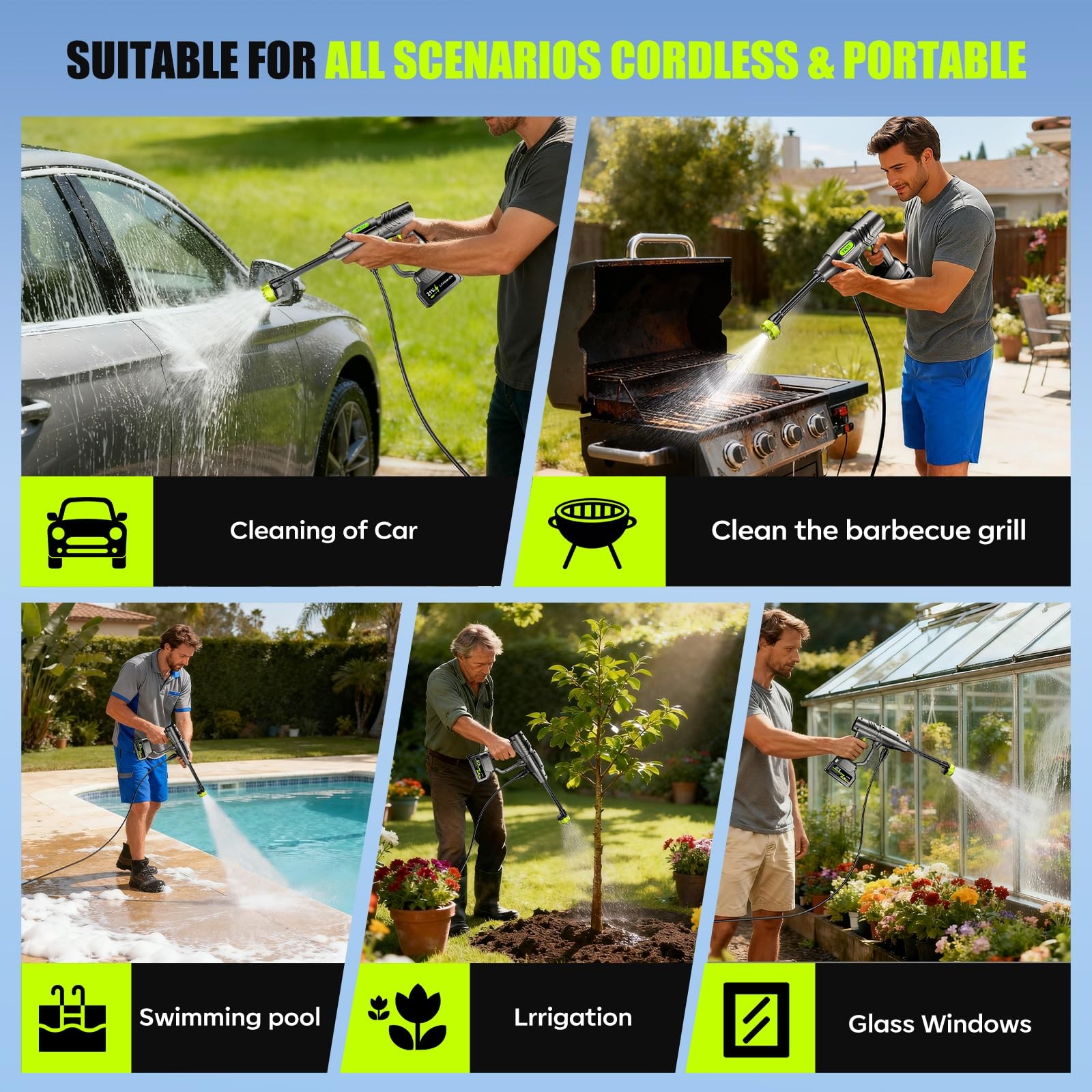 Pistola de Presión Agua 1200 PSI Cordless Car Washer with Hose