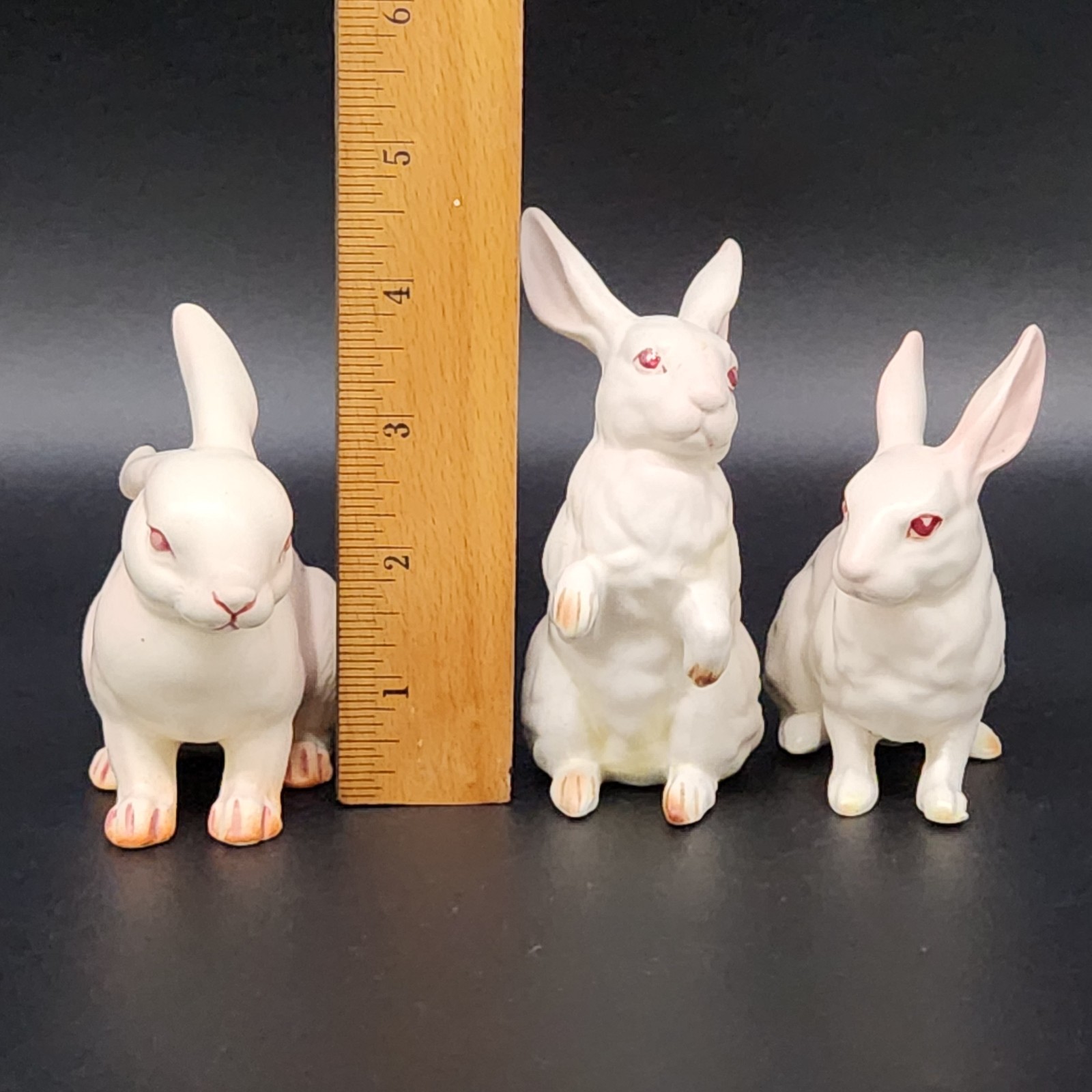 Set Of 3 Vtg Ceramic Lefton White Bunnies Rabbits H7143 & H880 Pink Eyes Easter