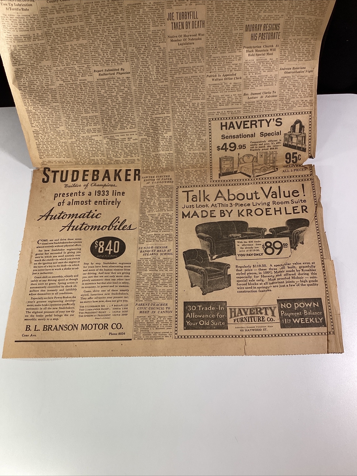 Ashville NC Newspaper Feb 19, 1933 Boxer Jim Corbett Dempsey Lou Gehrig Haverty