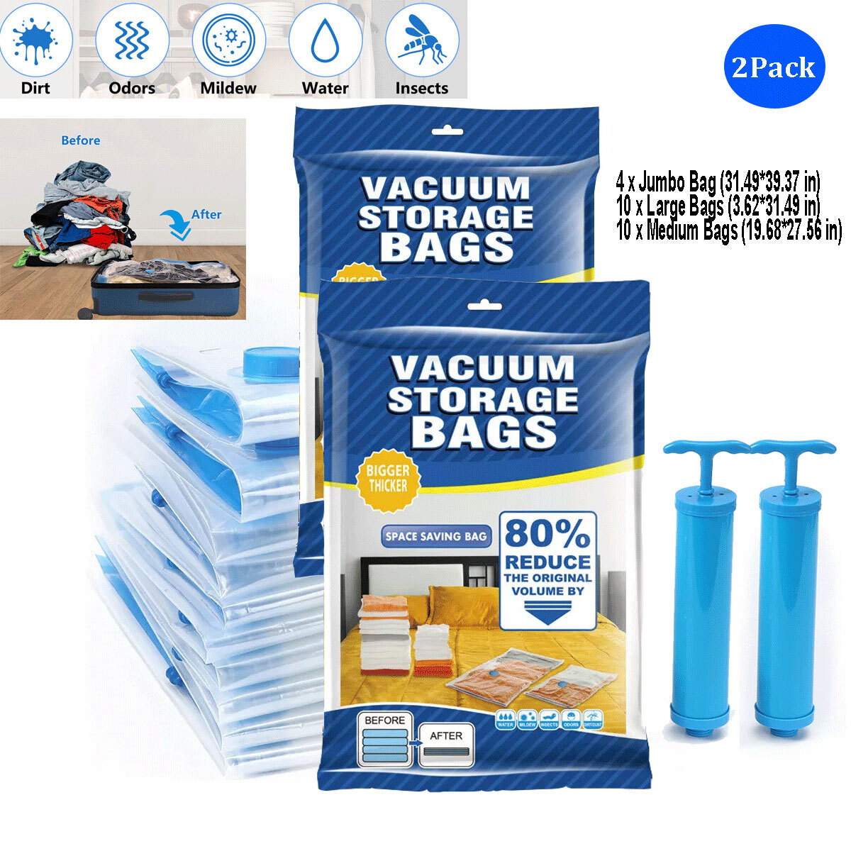 24 x Jumbo Vacuum Storage Bags Travel Space Saver Garment Seal Clothes Hand Pump