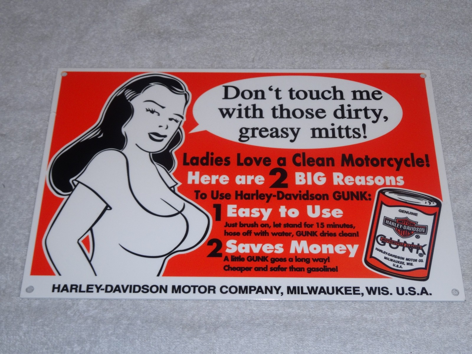 VINTAGE HARLEY DAVIDSON MOTORCYCLE GUNK WOMAN 12" MOTOR CYCLE GASOLINE OIL SIGN!