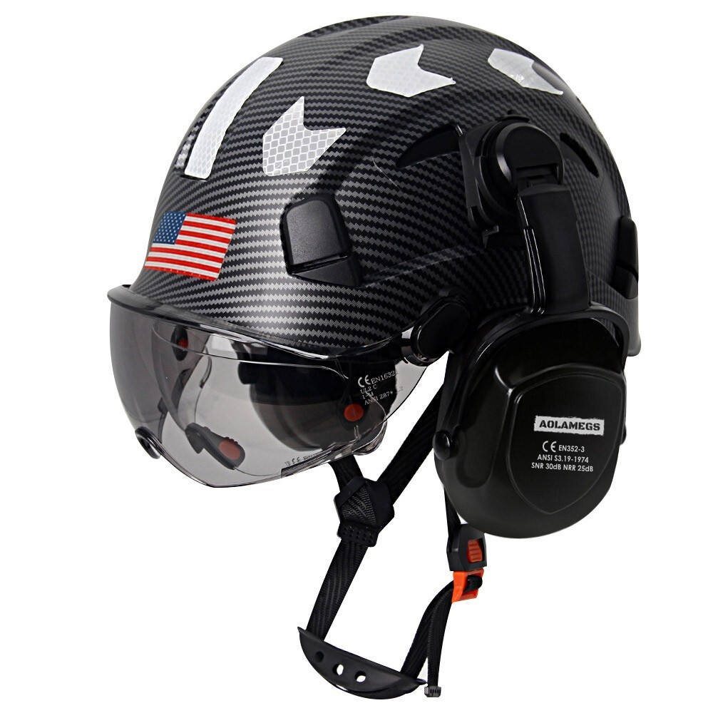 Carbon Fiber Safety Helmet With Build in Visor Earmuffs and Reflective Stickers