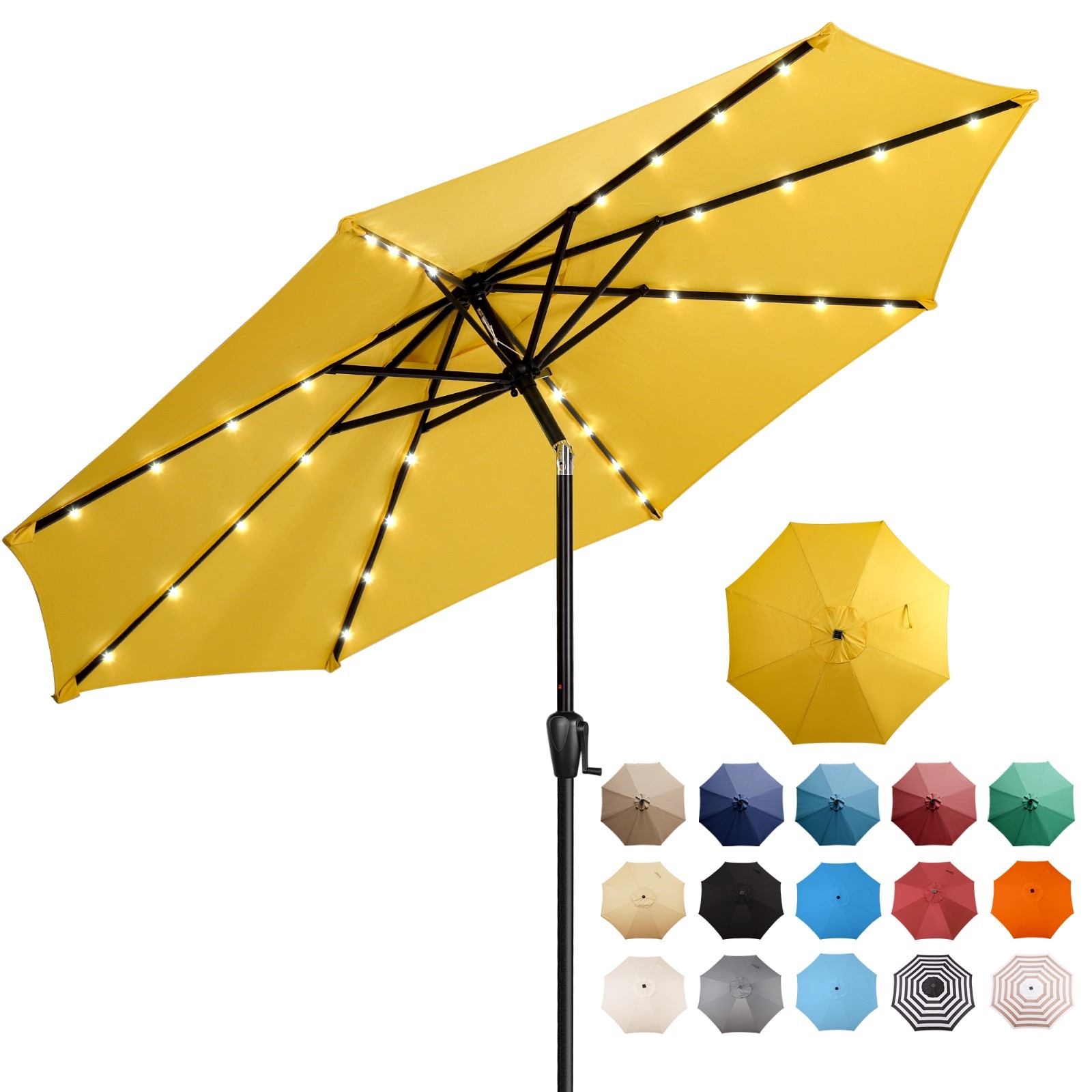 Sun-Ray9 Round Patio Umbrella with Solar Powered LED Lights, Tilt and Crank Lift