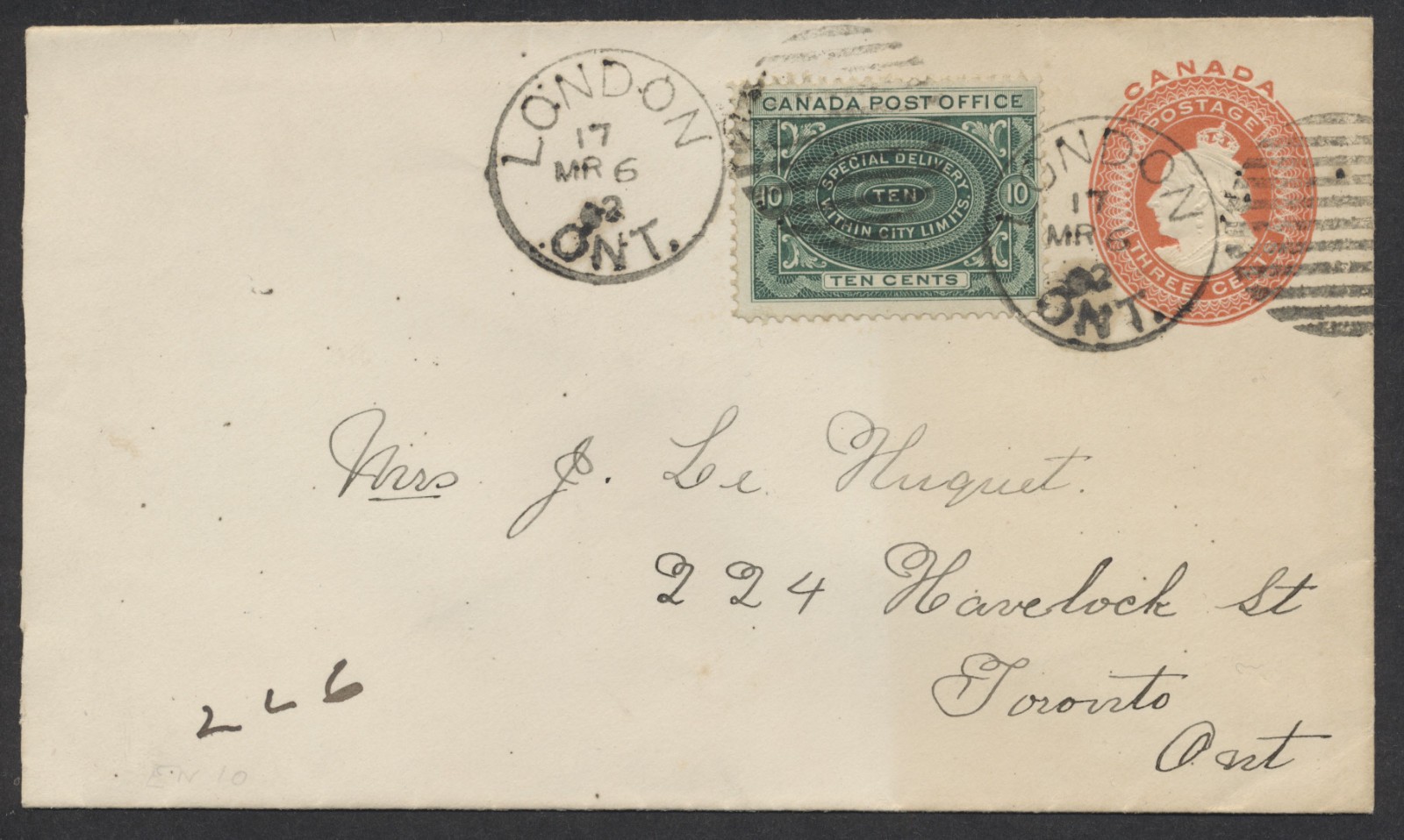 1902 #EN10 Widowed Queen PSE #E1 Special Delivery London ONT to Toronto Same Day