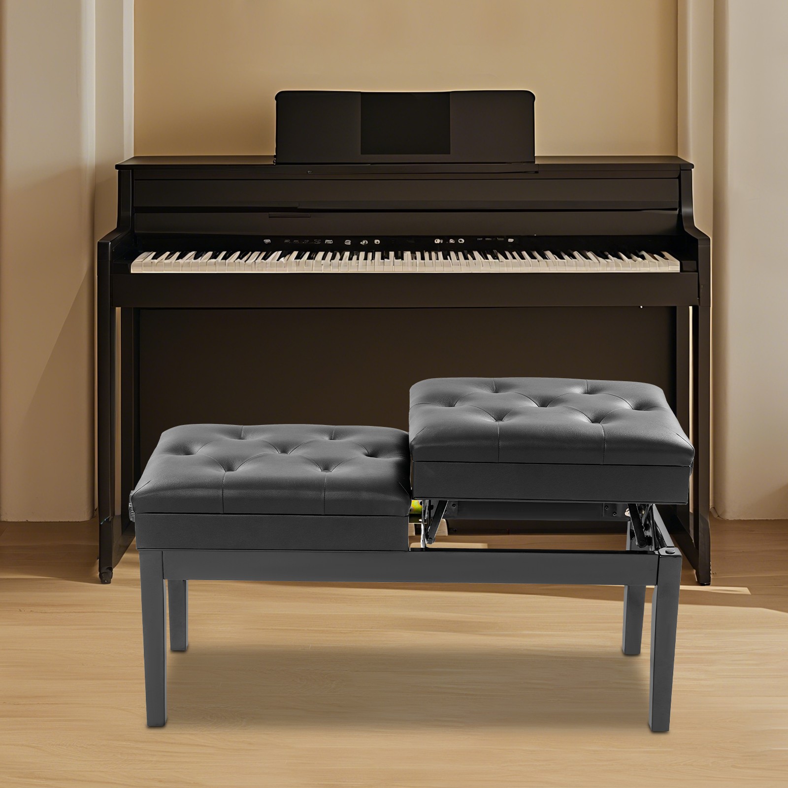 Double Seater Piano Bench Adjustable Duet Piano Bench w/ Storage Box 200 kg max.