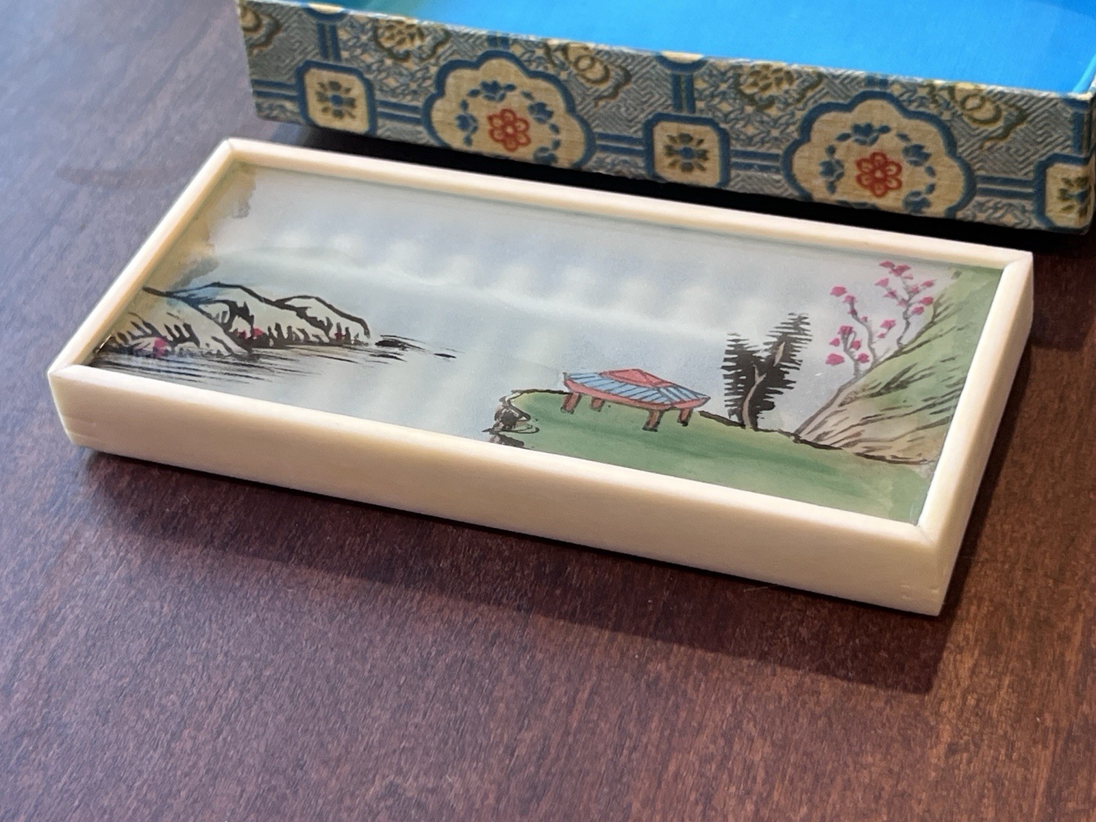 Small Vintage Chinese Abacus Suanpan Painted Glass Fabric Box VGC