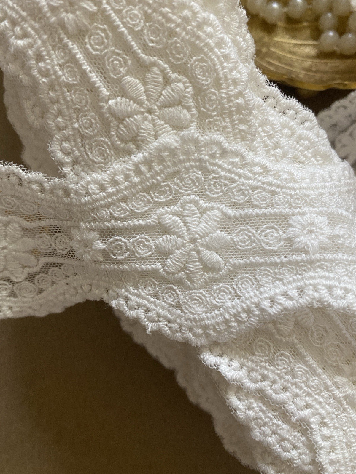 2 Yards Vintage Tulle Embroidered Floral Lace Trim, Soft White, Scalloped Edges