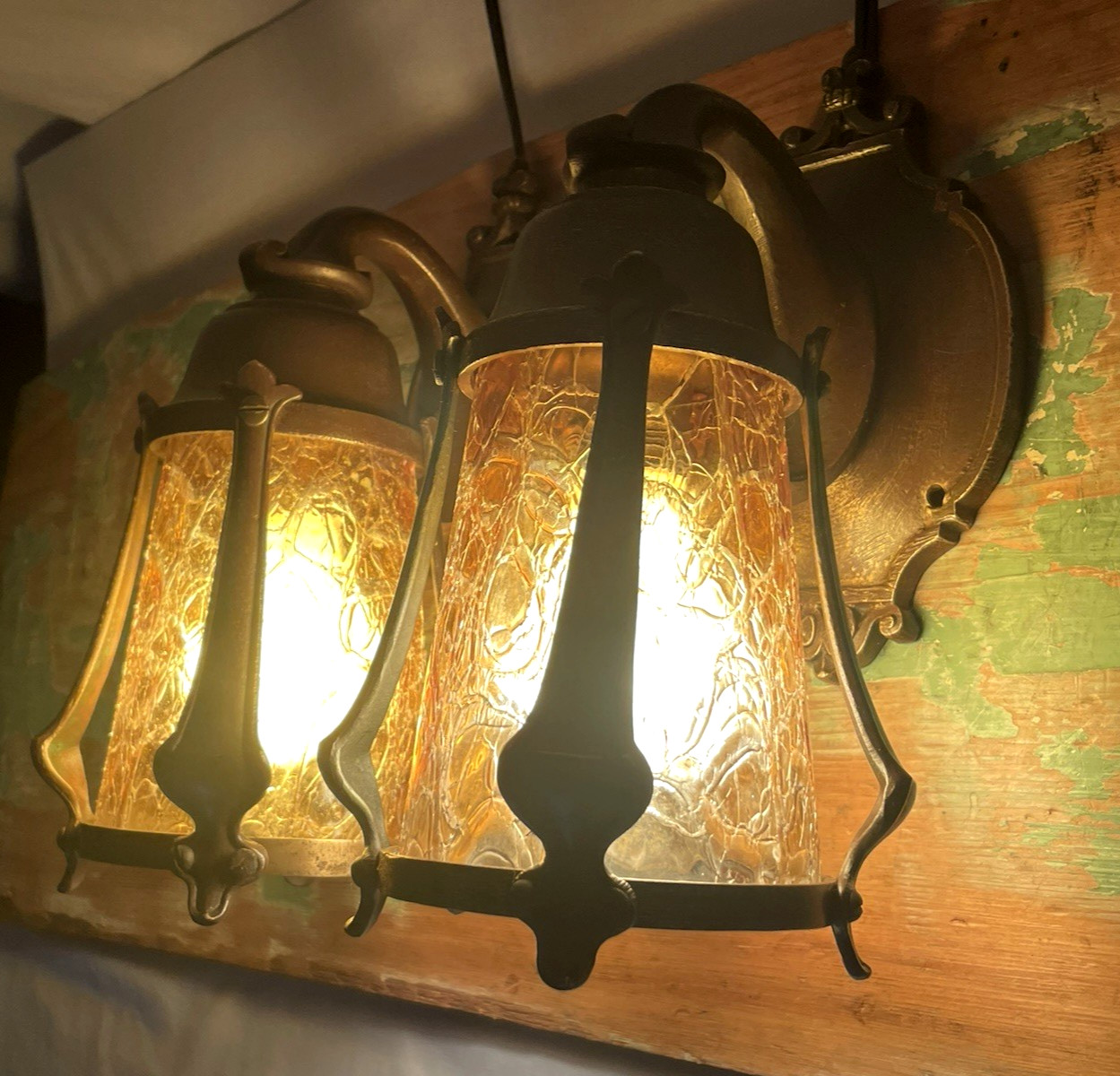 RESTORED Pair Antique Vtg Tudor Arts Crafts Wall Sconces Amber Glass Porch Light