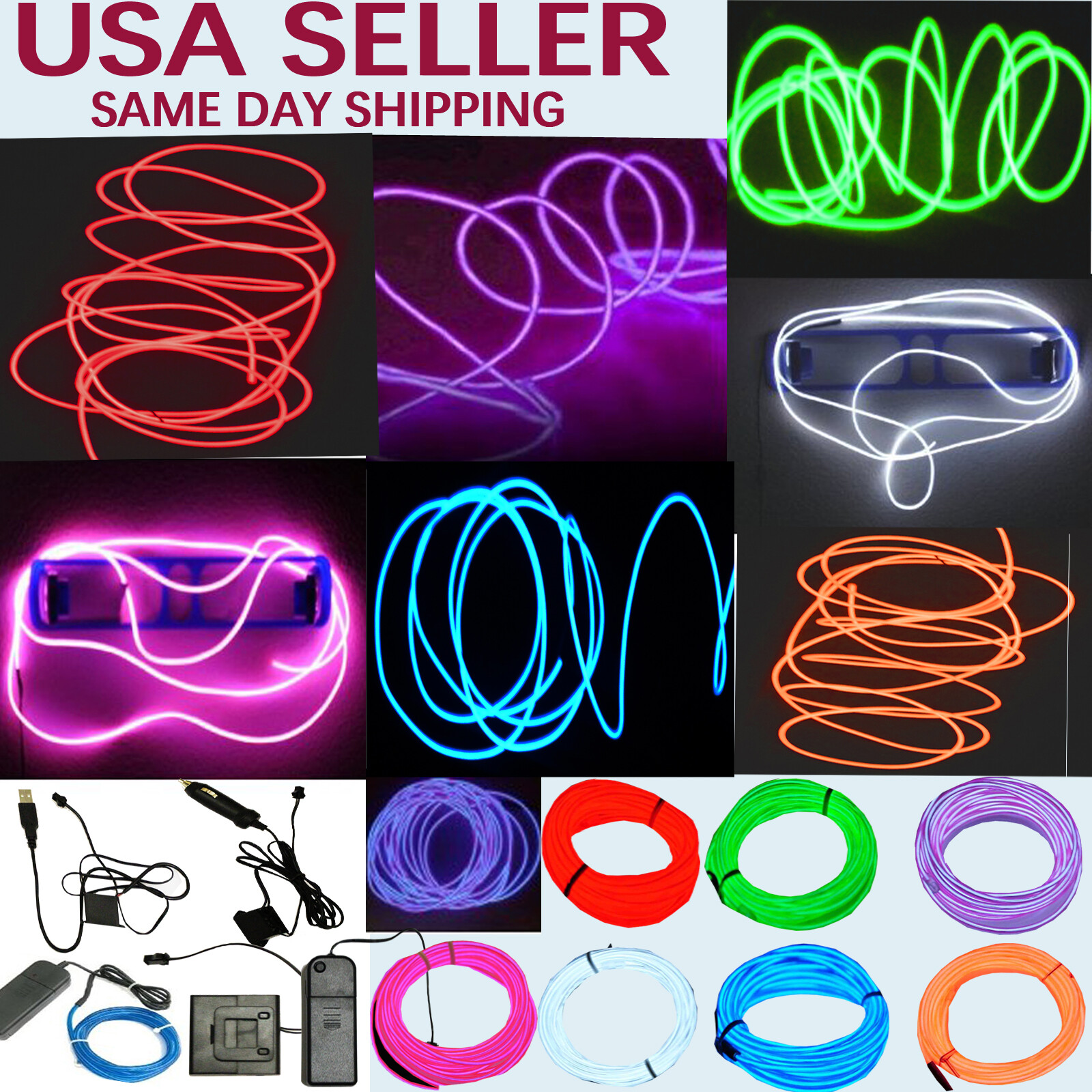 Neon LED Light Glow EL Wire String Strip Rope Tube Decor Car Party + Controller