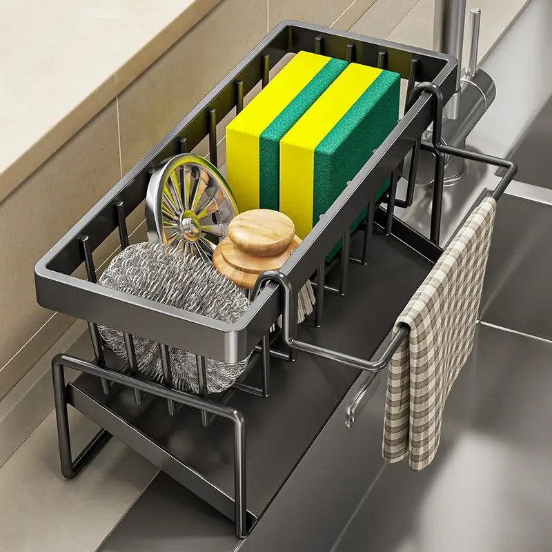 Black Aluminum Kitchen Sink Sponge Organizer Rack with Towel Holder Rust Free