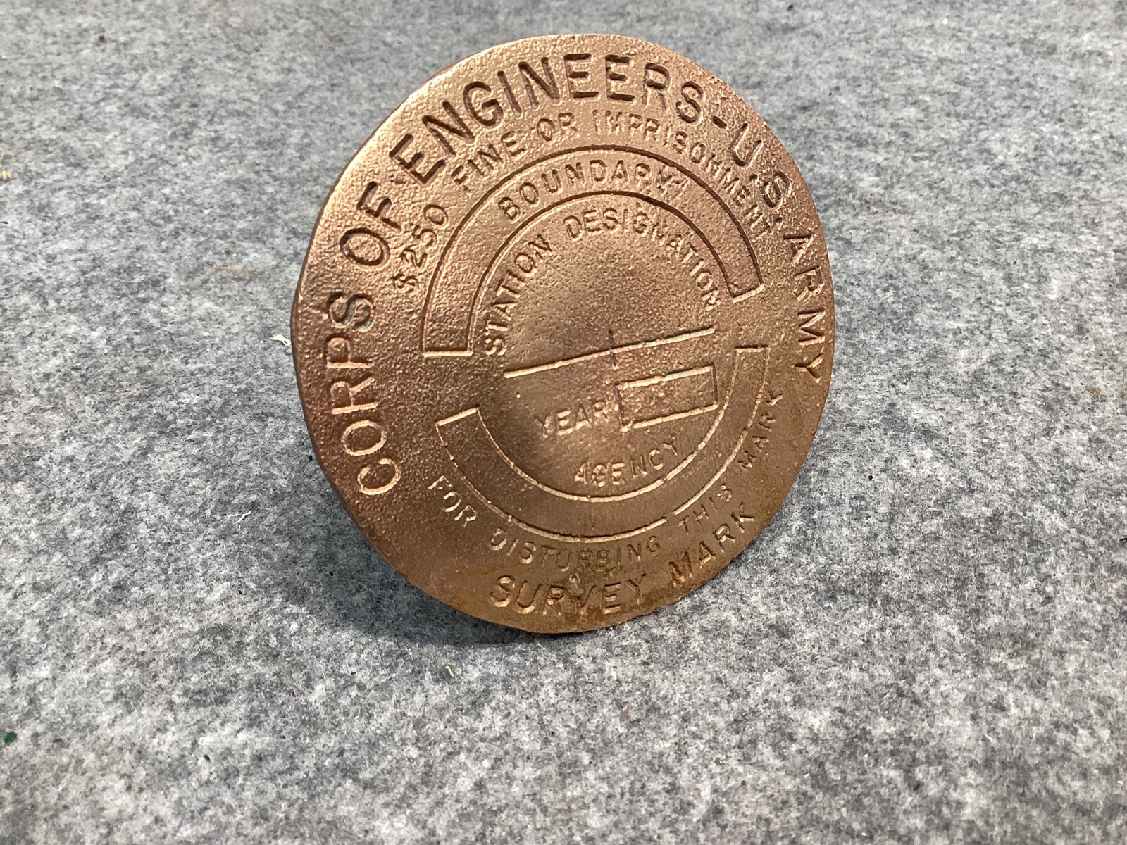 Vintage Brass U.S. Army Corp of Engineers Survey Mark Non Commissioned