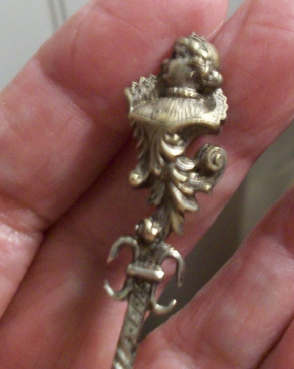 Antique German silver souvenir demitasse spoon heart bowl Queen lady handle top