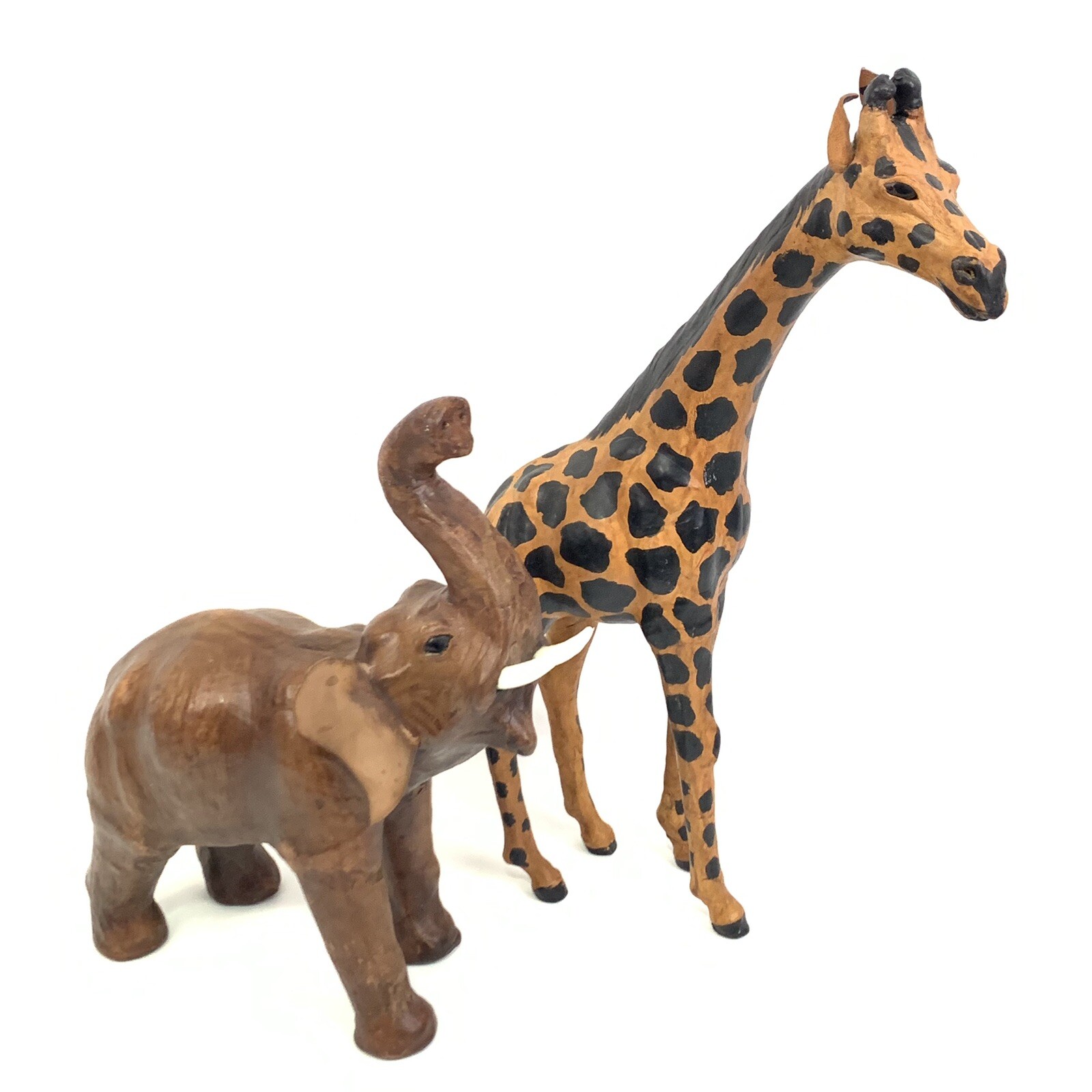 Vintage Elephant & Giraffe Statue Figure Brown Leather Wrapped Home Decor #8627