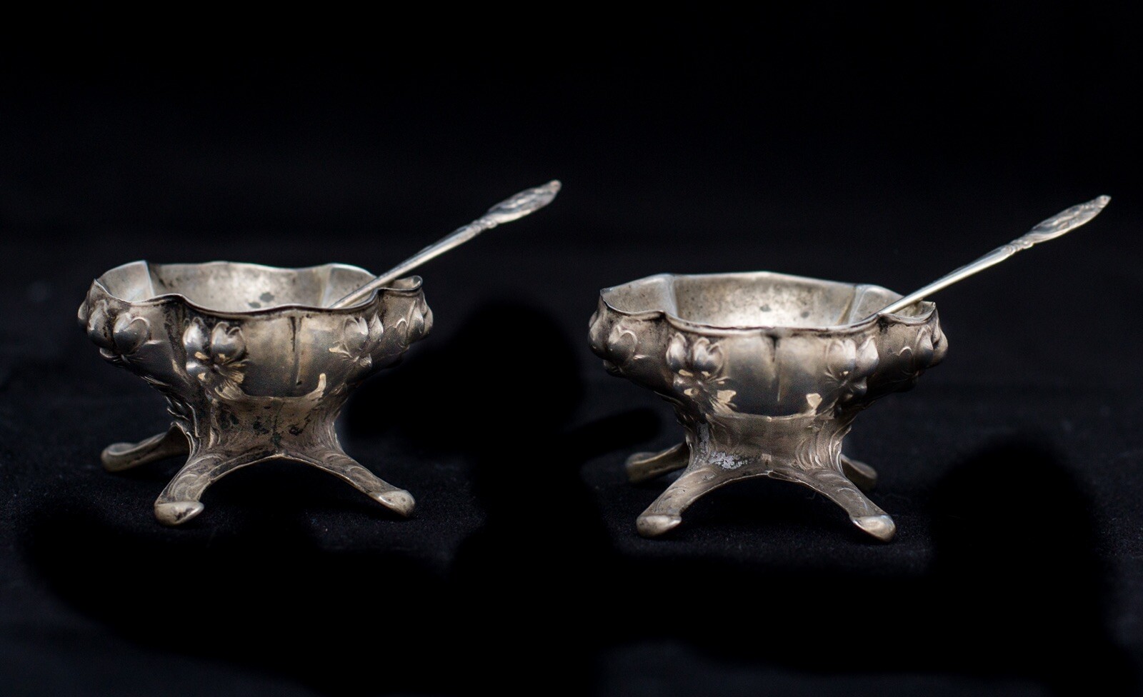Rare Pair Art Nouveau Salt Cellers With Westmoreland Spoons-All Silver