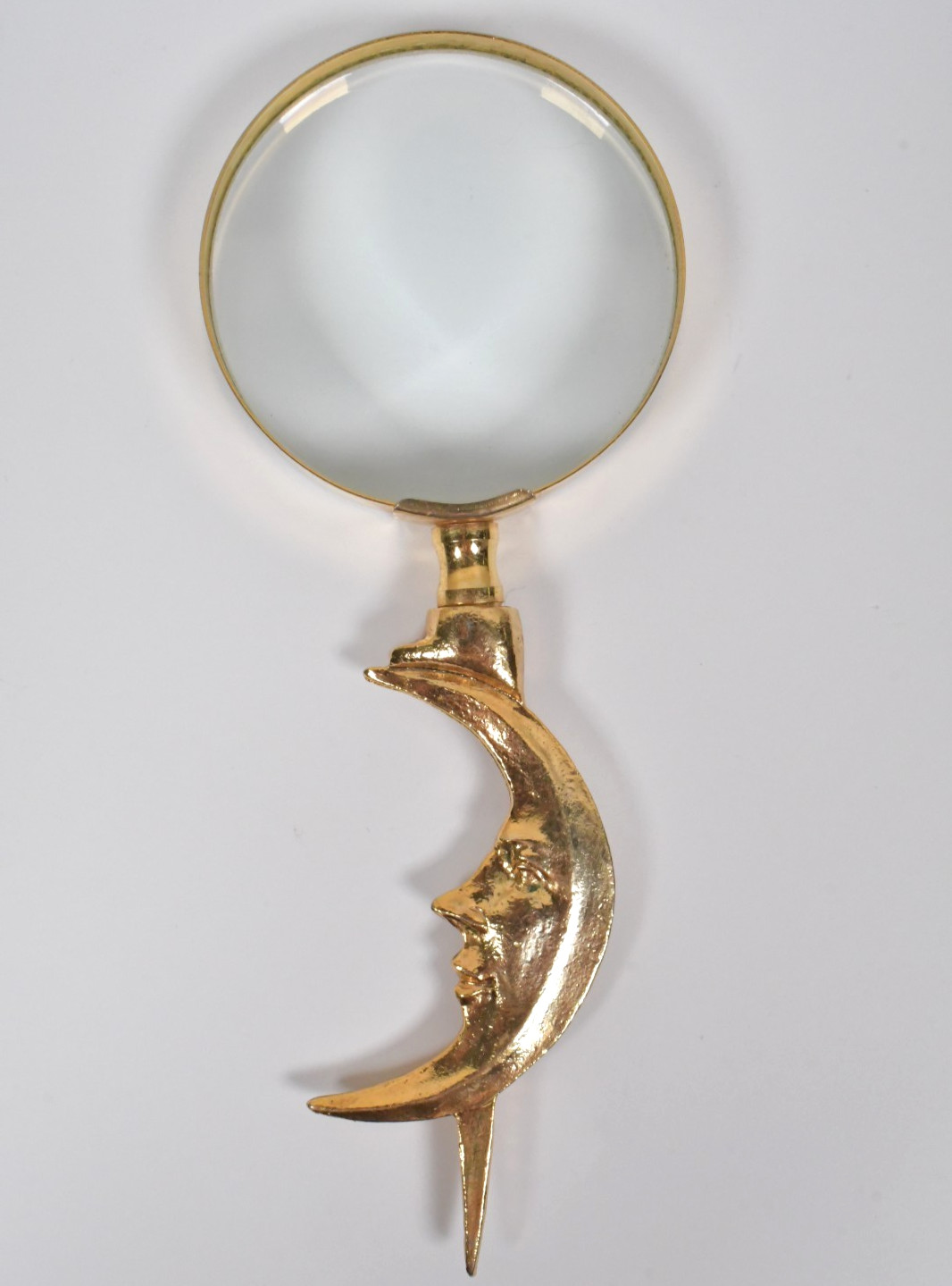 Vtg Gold Tone Smiling Crescent Moon Face Magnifying Glass