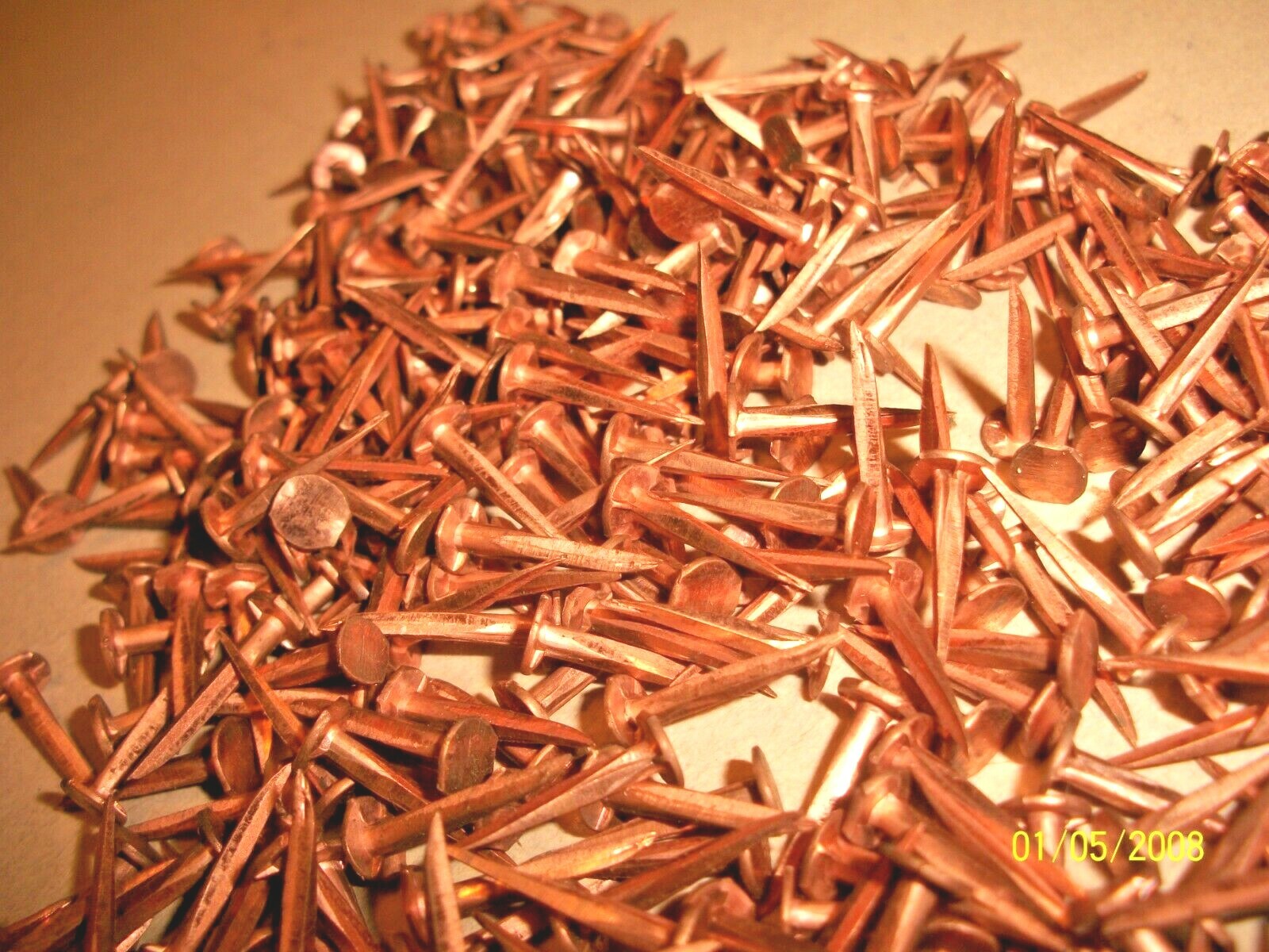 100 VINTAGE 5/8” LONG SOLID COPPER TACKS sharp point's 1/4” WIDE flat head N.O.S