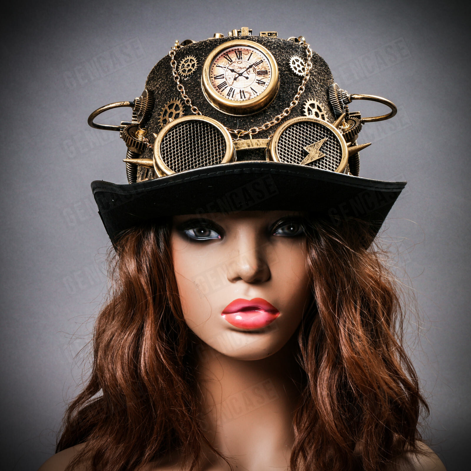 NEW Black Gold Gothic Top Hat Halloween w/ Clock Spike Costume Steampunk Goggles