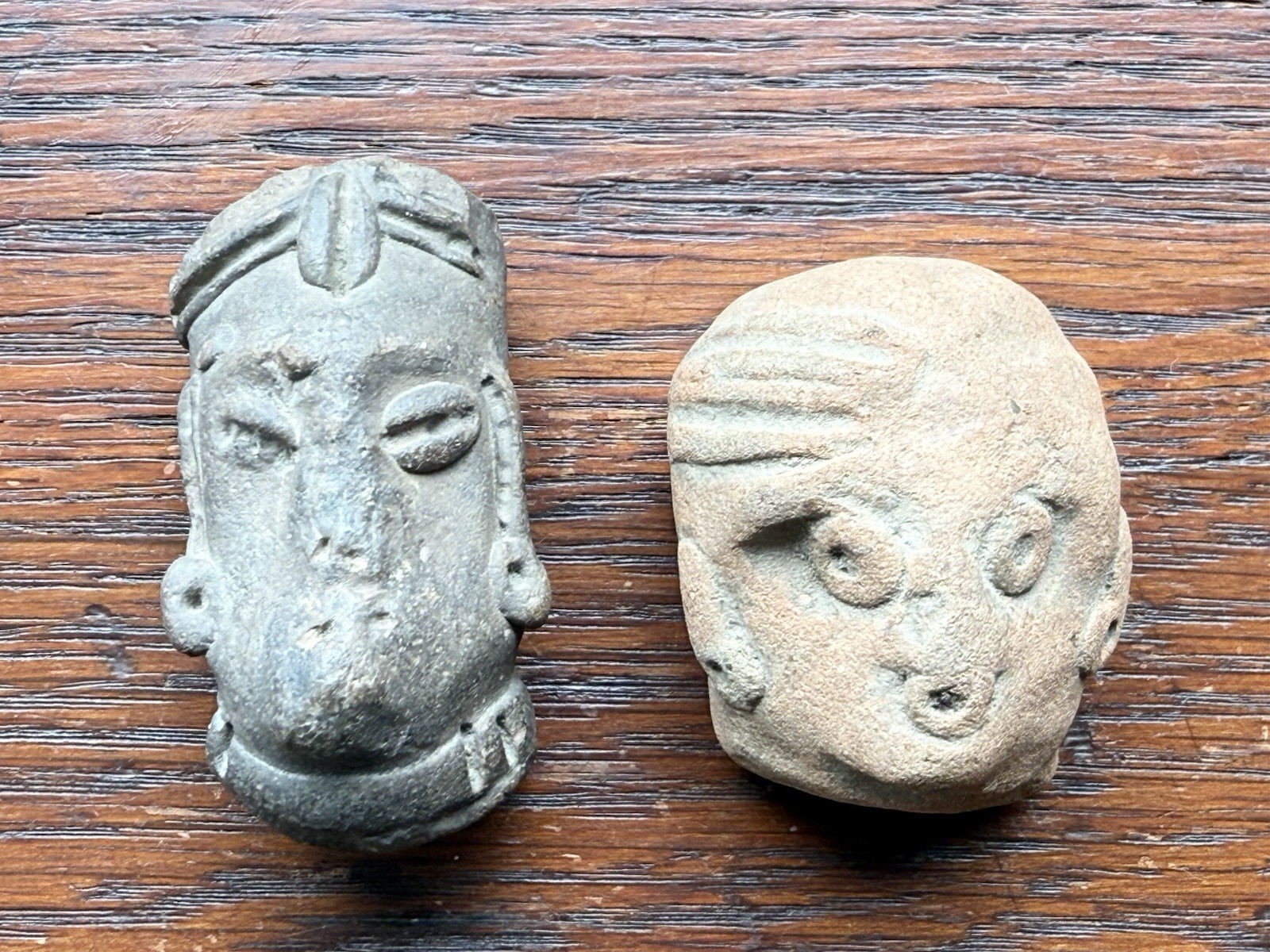 Pre Columbian Fragment Stone & Clay Effigy Heads (2)