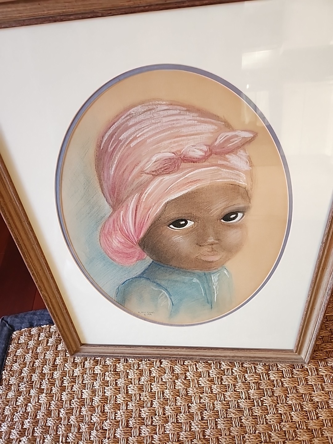 Young African American Girl Original Drawing Date 1983 Double Matted Under Glass