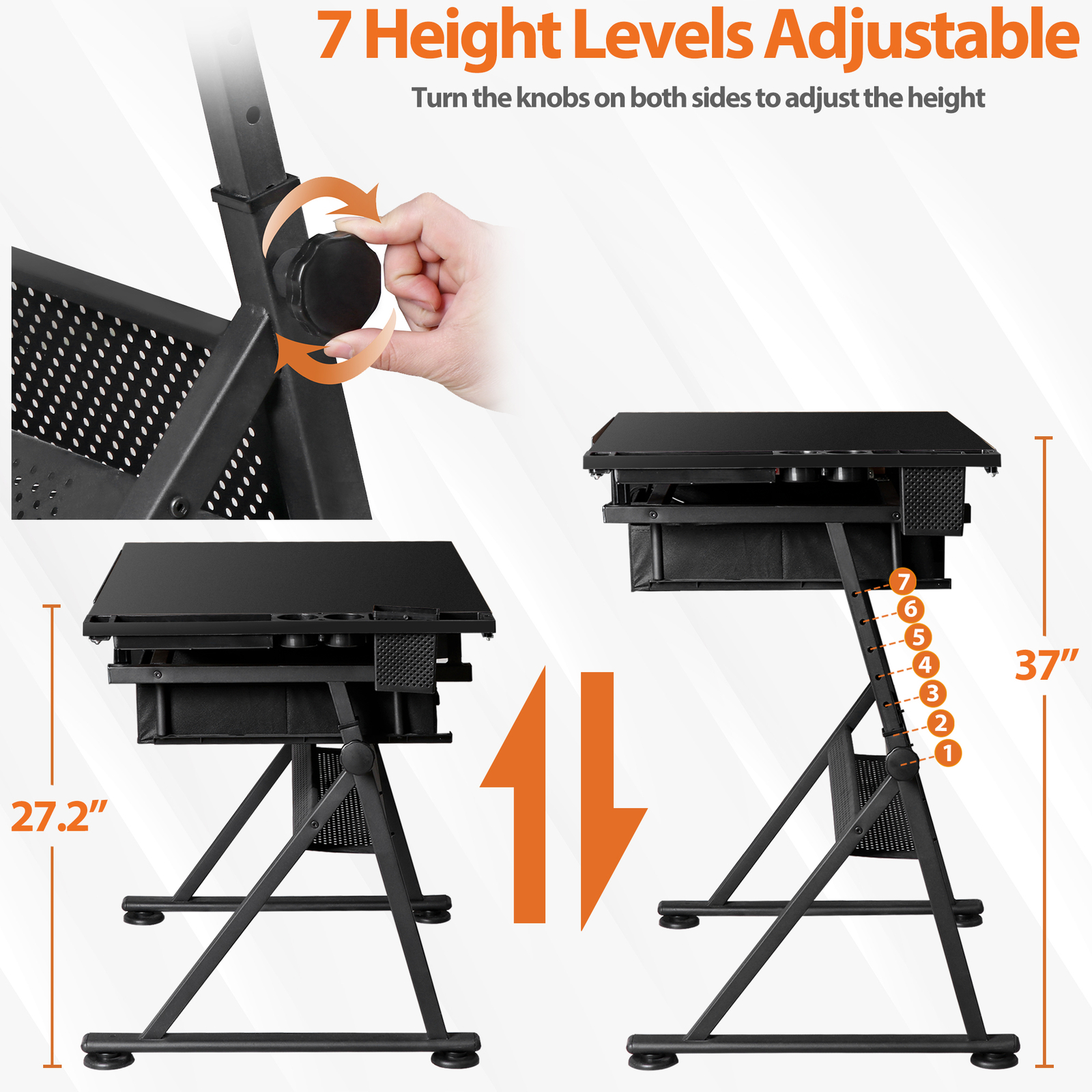 Drafting Table Drawing Desk Adjustable Tabletop w/Charging Station & Stool Black