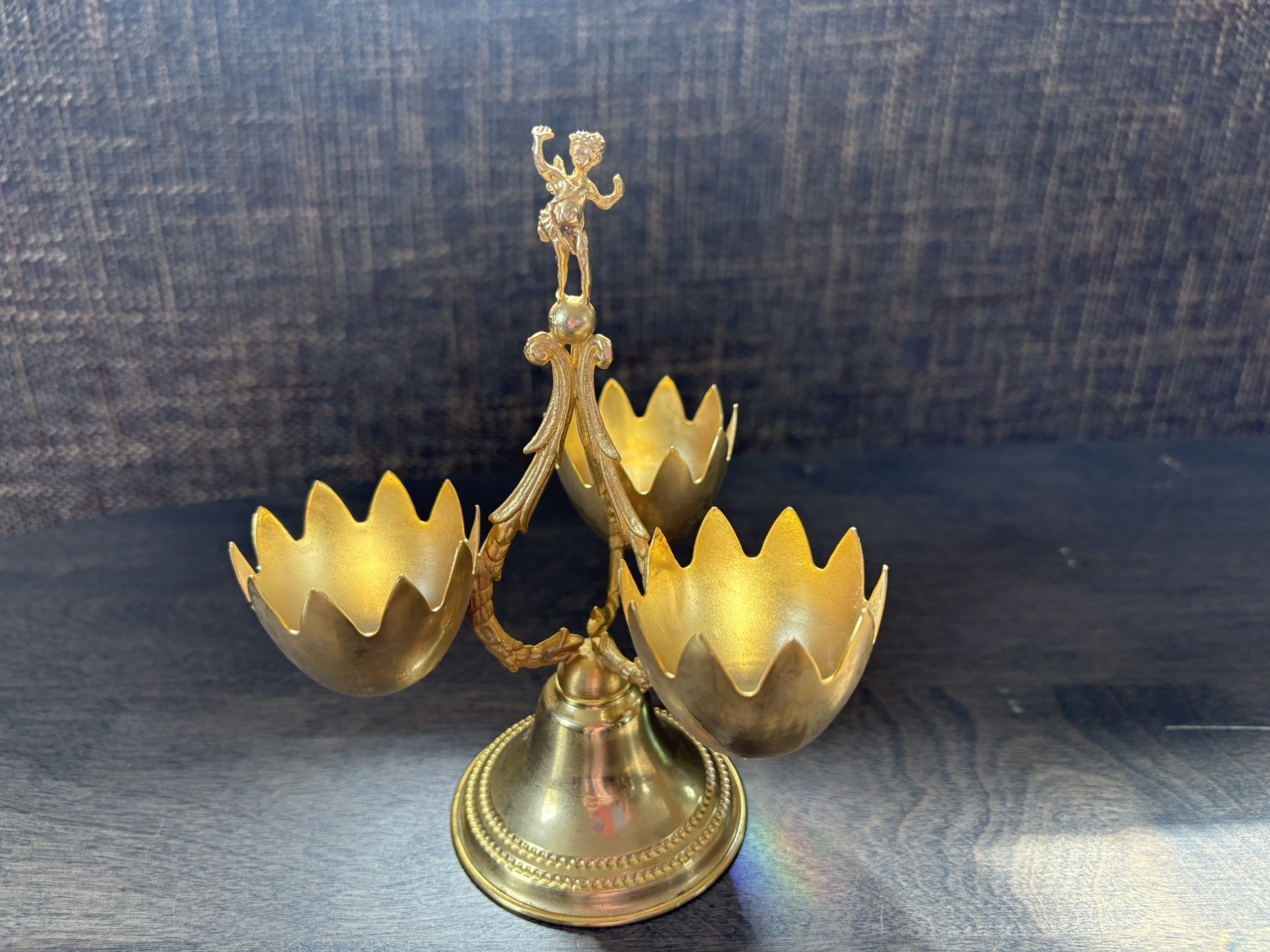 Vintage Italian Brass Egg Cup Holder Display Set with Cherub Figural
