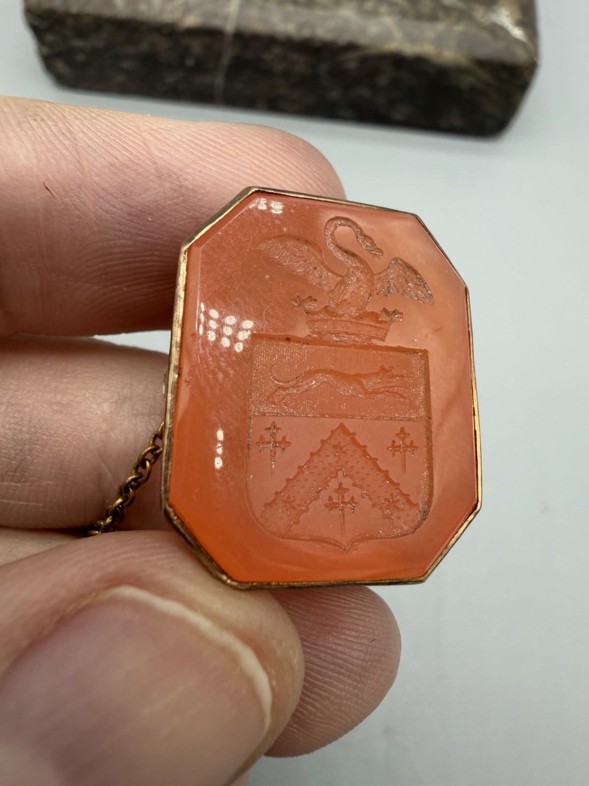 Antique Victorian 15k Gold Mounted Carnelian Seal Fob with Family Crest