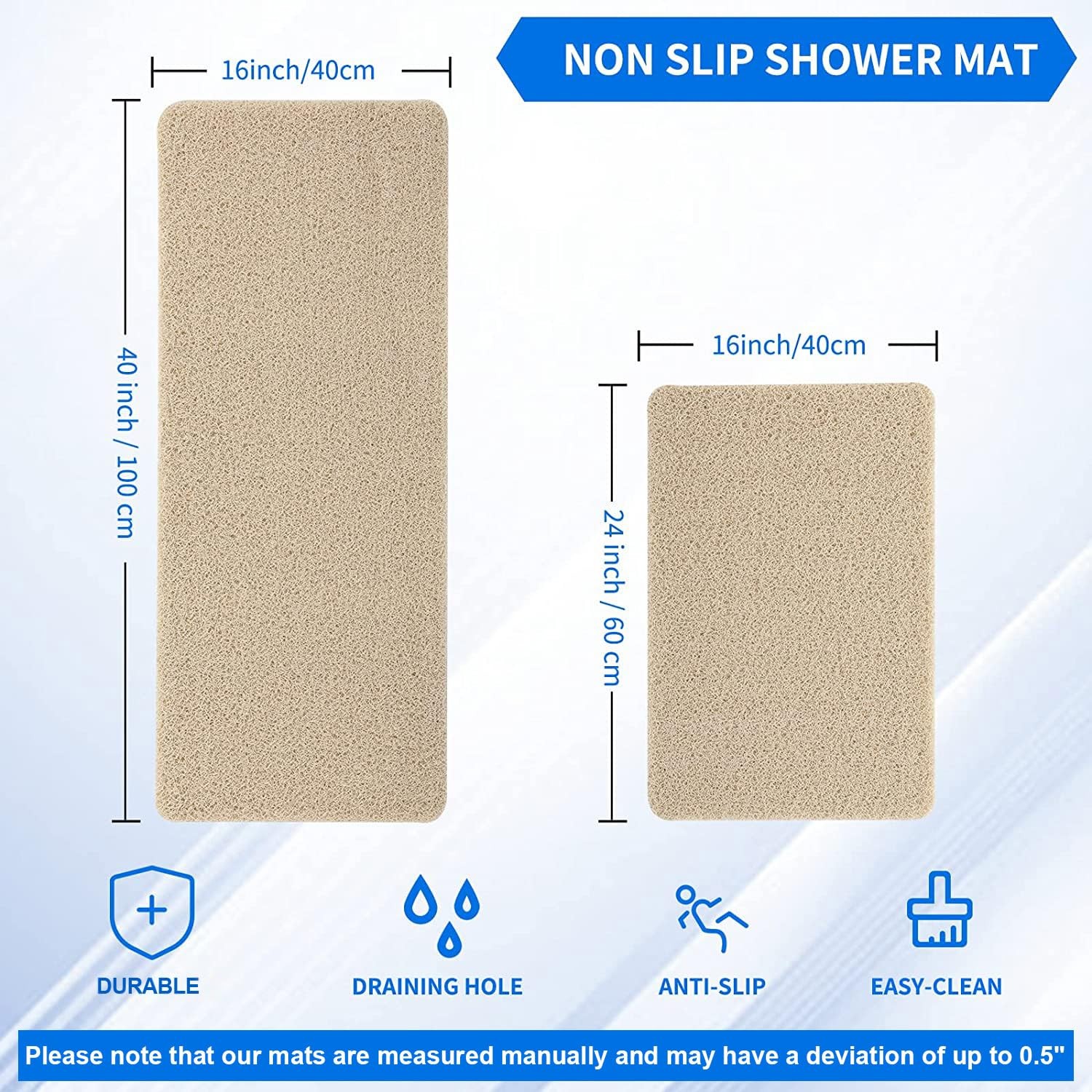 Hargiis Non Slip Bathtub Mat, Foot Scrubber 24" x 16" (Rectangular), Beige