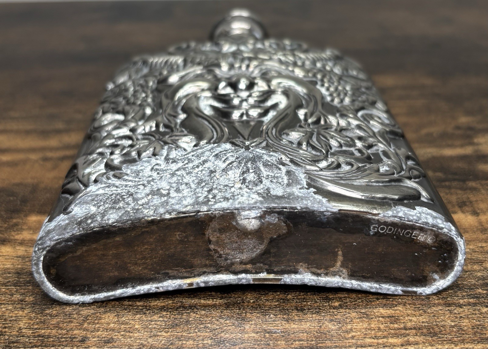 Godinger Silverplated Bacchus Vintage Metal Flask*SOLD AS IS*