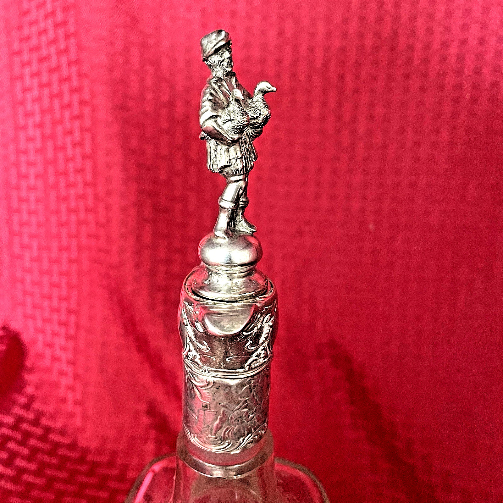 ANTIQUE GERMAN HANAU .800 SILVER OVERLAY ON ETCHED DECANTER