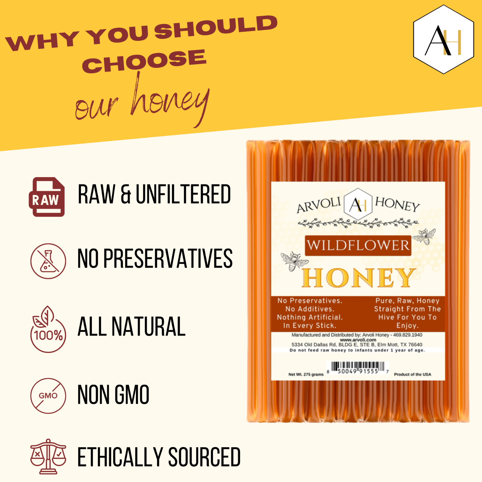 Raw Wildflower Honey Sticks - Honey Sticks For Tea - 50 Count