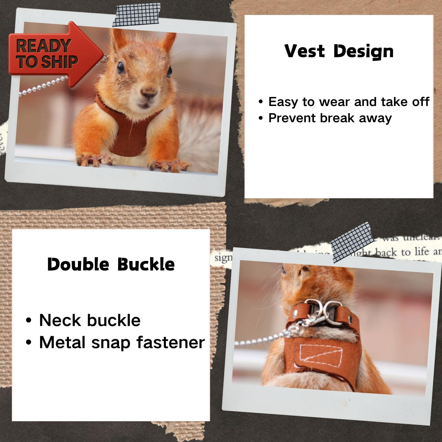 3 Pack Squirrel Harness and Leash Set - Adjustable Soft Leather & Traction Rope