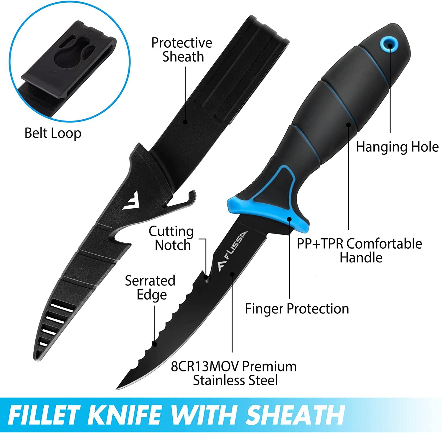 FLISSA Fillet Knife 5''/6''/7''/9''Cutting Notch Non-Slip Handle Lanyard Hole