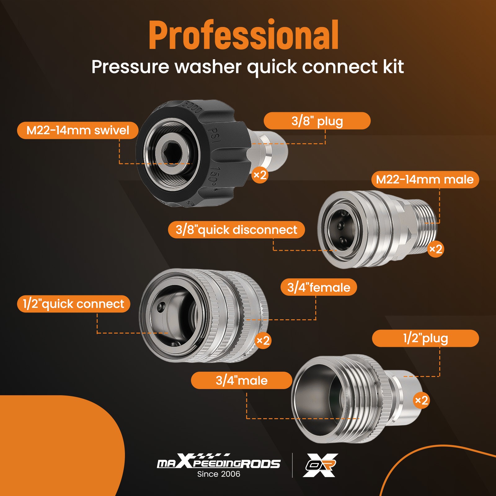 8PC Pressure Washer Quick Connect Adapter Kit M22-14mm Stainless Steel