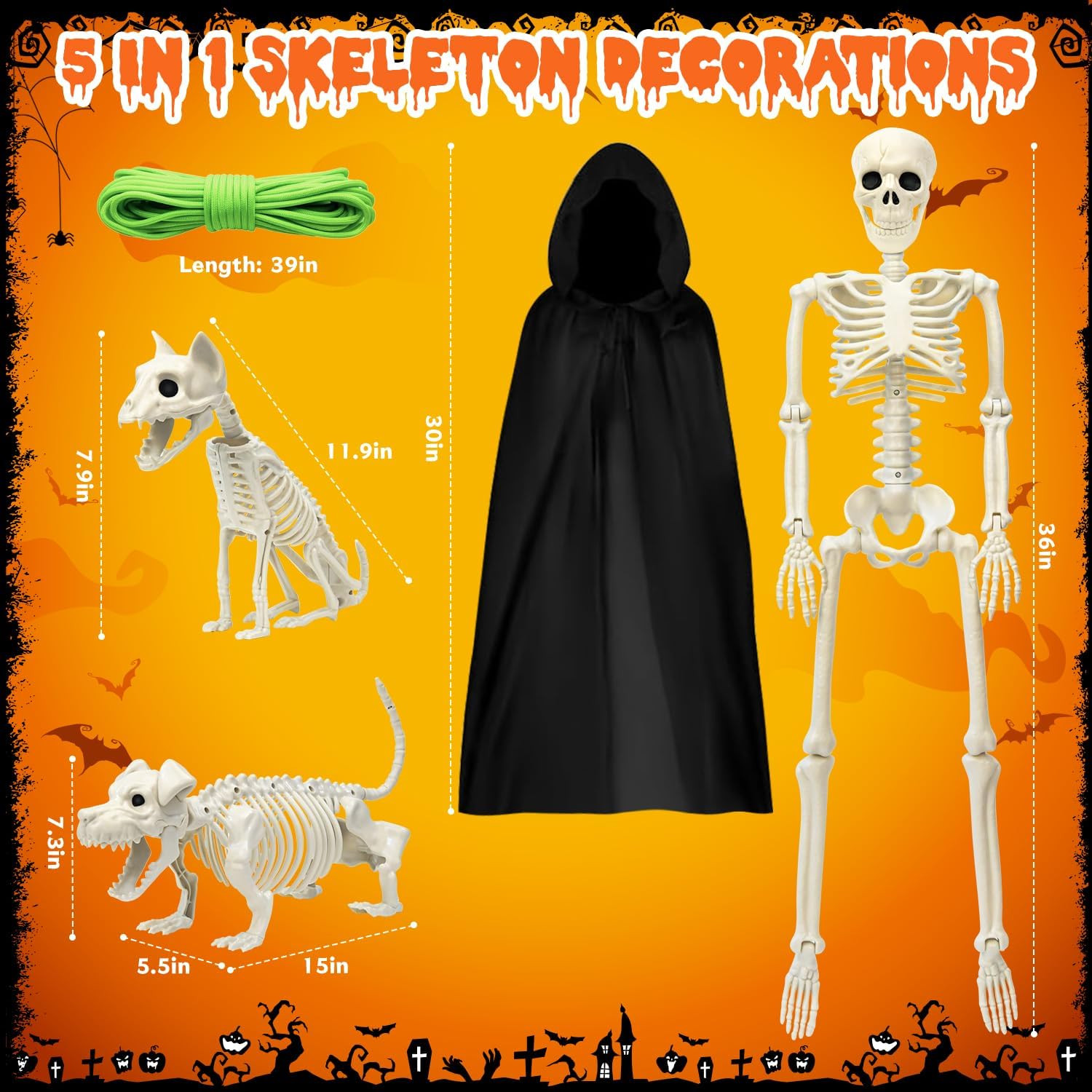 36" Skeleton Halloween Decorations, 3FT Posable Skeleton with Dog & Cat Skeleton