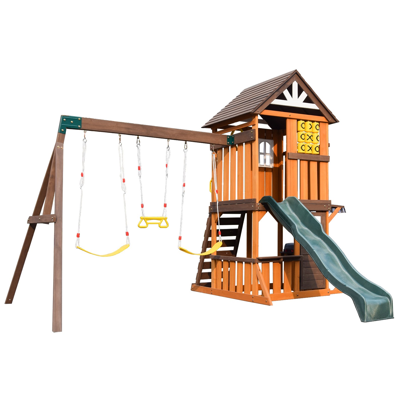 Large Wooden Kids Swing Slide Set Playhouse Kitchen,Rock Wall Outdoor Playground