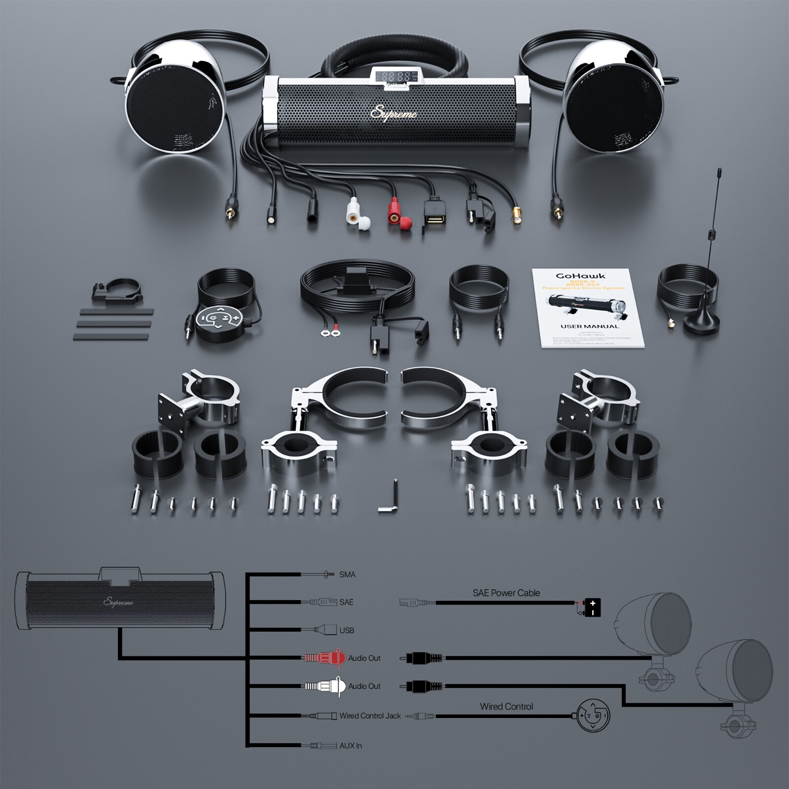 Waterproof Bluetooth Motorcycle Stereo Speaker Soundbar Audio MP3 System Chrome